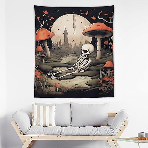 Miniatura 3 de BAHELS Tapiz estético de calavera y luna de hongos y naturaleza, diseño de esqueleto, plantas florales, flores, tapiz estético, decoración de pared