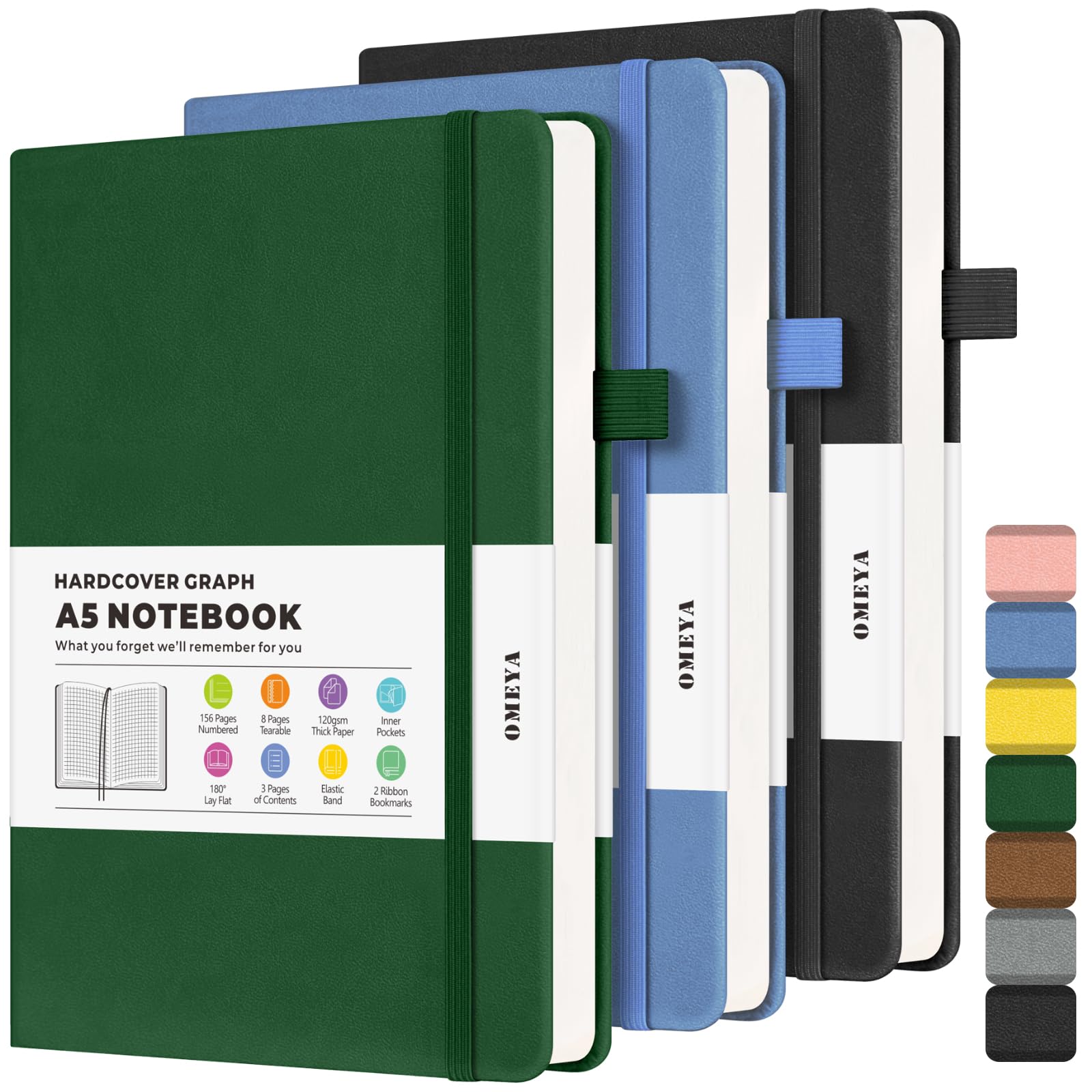 Graph Paper Notebook 3 Pack, A5 Grid Notebook Journal, Graph Notebook with 120gsm Paper, Hardcover Leather Journal for Writing, Grid Paper Notebook