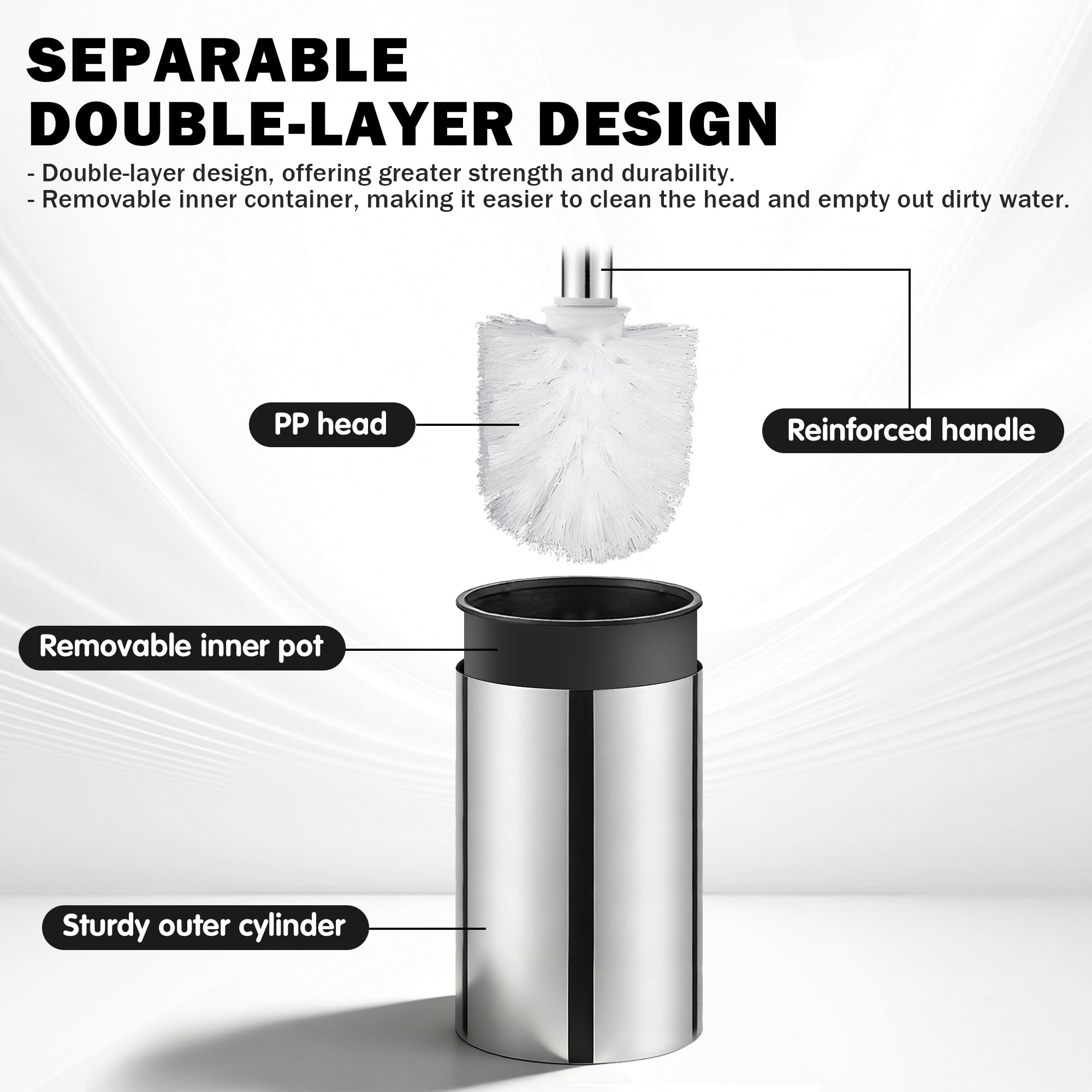 ASKLUND Escobillas de Baño Escobillero WC de Acero Inoxidable con 2 Cabezales,Montaje en Pared/en Suelo, Plata — view 5