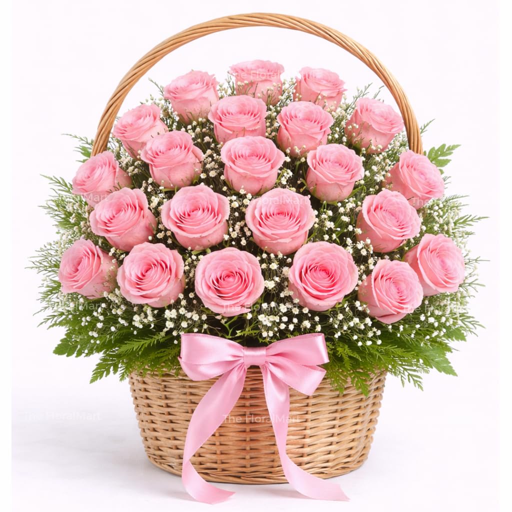 The FloralMart Basket Arrangement of 30 Pink Roses Fresh Flowers with Seasonal Fillers, for Birthday Gift, Anniversary Gift, Valentines Gift, (Same Day Delivery)-image-21