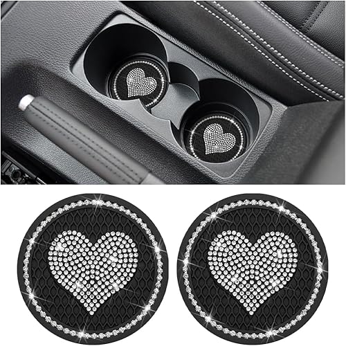 AICEL Posavasos para automóvil con diseño de corazón, 2 unidades, universales, de 2.75 pulgadas, con diamantes de imitación brillantes,