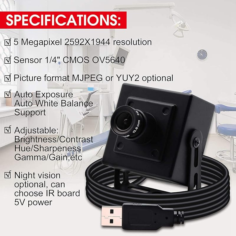 ELP 5MP USB Webkamera 2592x1944 Felbontással - 3.6mm Lencsés Fekete Alumínium Ház - Windows, Linux, Mac Kompatibilis Plug & Play Kamera