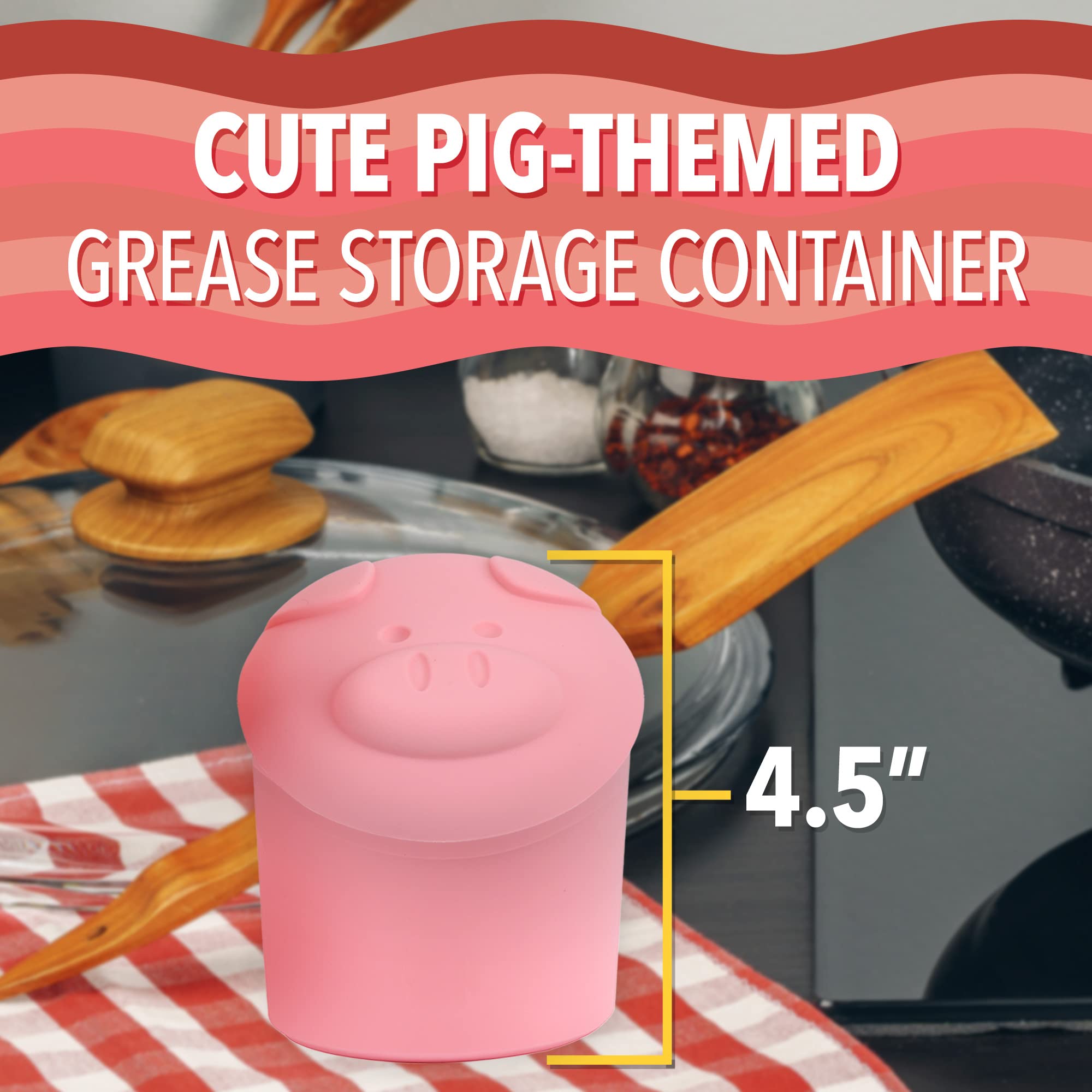 IMPRESA 2 Cup Extra Large Pink Pig-Shaped Grease Container with Novelty Bacon Strainer – Silicone Jar for Dripping Disposal & Kitchen Storage Giftable - Bacon Grease Saver with Strainer