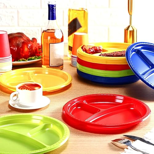 Miniatura 4 de Umigy 100 Piezas Platos de Plástico Divididos de 10 Pulgadas 3 Compartimentos a Granel Coloridos Desechables Heavy Duty Redondos Vajilla para San