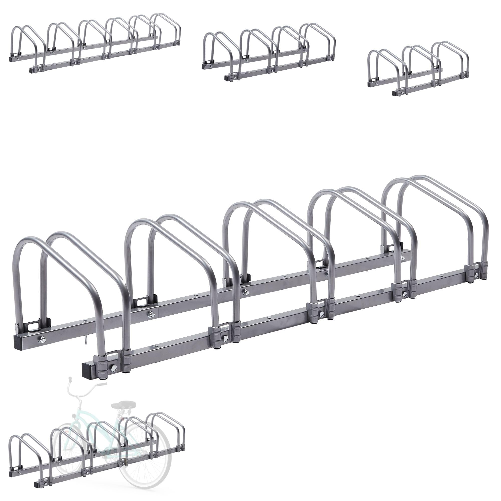 AREBOS Support à Vélos pour 5 Vélos | Écartement des Roues 21 cm | Pour Pneus 35-60 mm | Dimensions 130×30×26 cm | Montage Sol ou Mur | Support Métallique Argenté