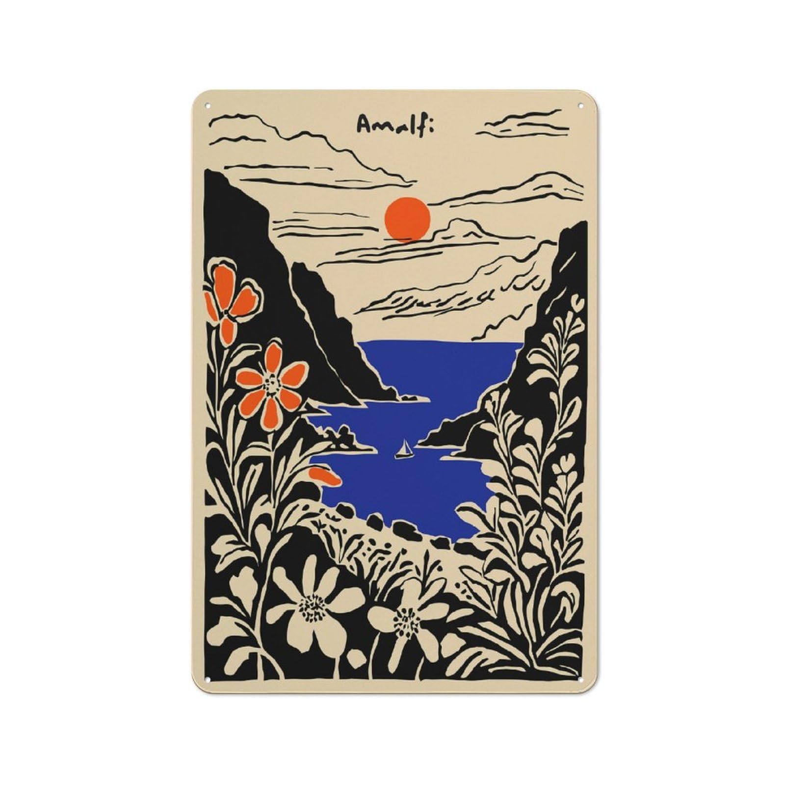 Junmoney Style-2 Casual Amalfi Coastline With Sailboat And Flowers Shed Metal Sign 30X20cm, Utility Space Decor For Shed, Garden Room, Porch Or Garage
