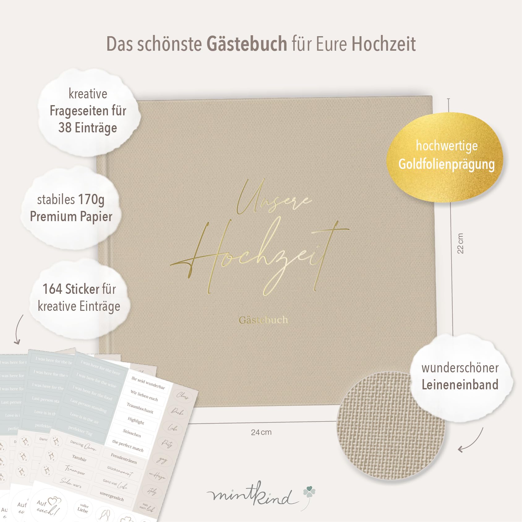 mintkind® Gästebuch Hochzeit zum Ausfüllen Beige inkl. 4 Stickerbögen | 84 Seiten mit Fragen für die Gäste | Hochzeitsgeschenke für Brautpaar als Hochzeit Deko | Goldene Hochzeit Silber Hochzeit