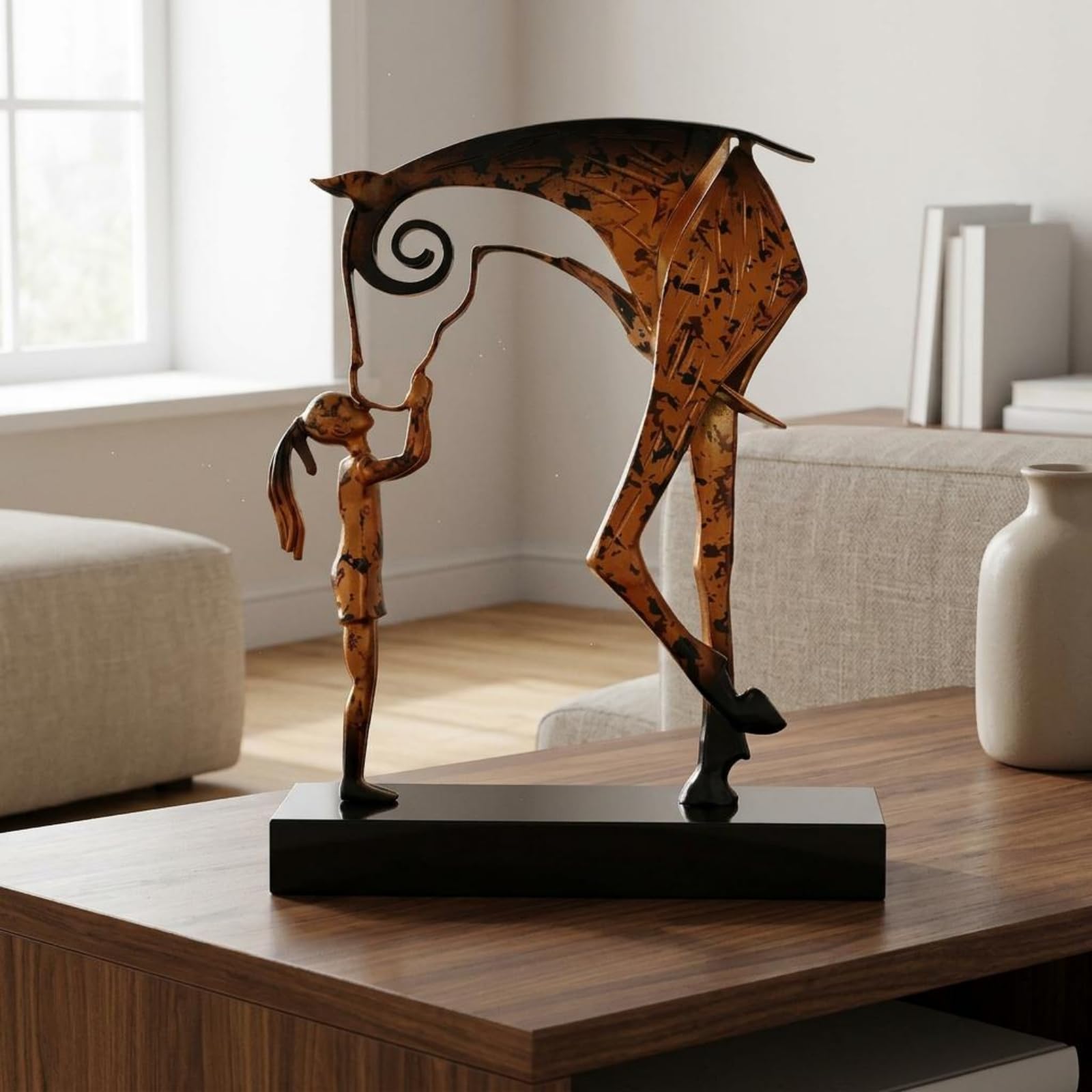 Scultura Statua Equestre Donna con Bambina Cavallo Statuina Moderna Lega di Zinco Base in Marmo Ornamento Artistico Minimal Adatto per Soggiorno Studio Scrivania Consolle Casa, Bronzo Antico