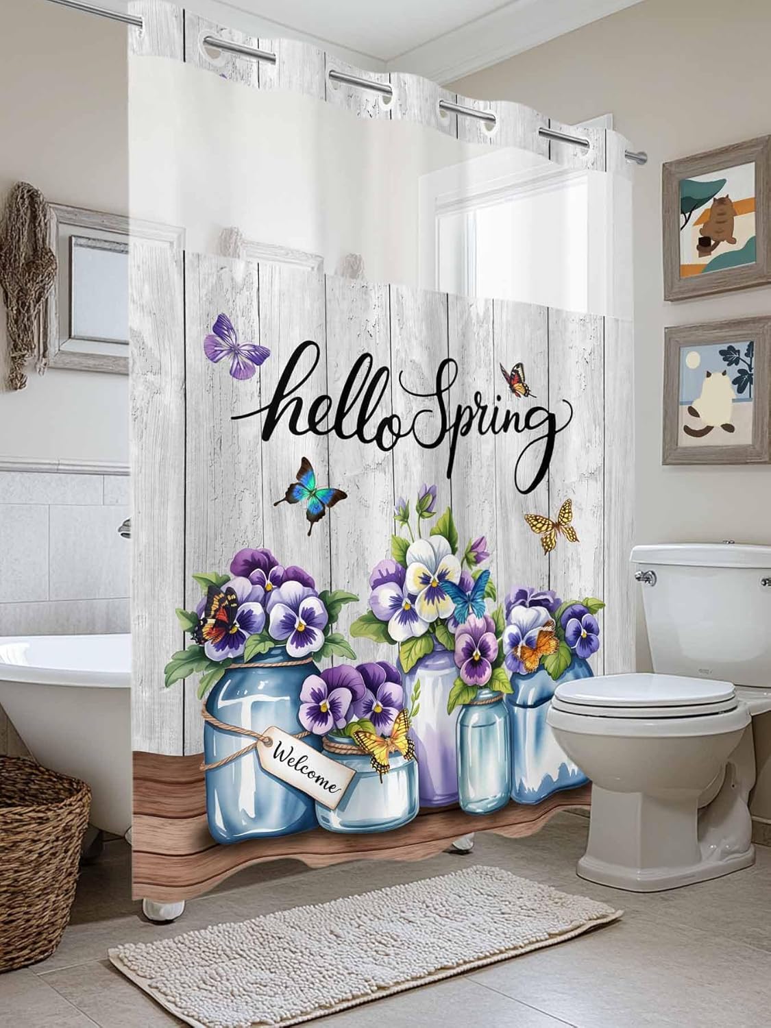Hello Spring No Hook Shower Curtain and Liner Set Purple Flowers in The Jug Butterfly Farm Wood Grain Snap in Shower Curtains Waterproof Bath Curtain with See Through Top Window Liner Set 60" x 72"