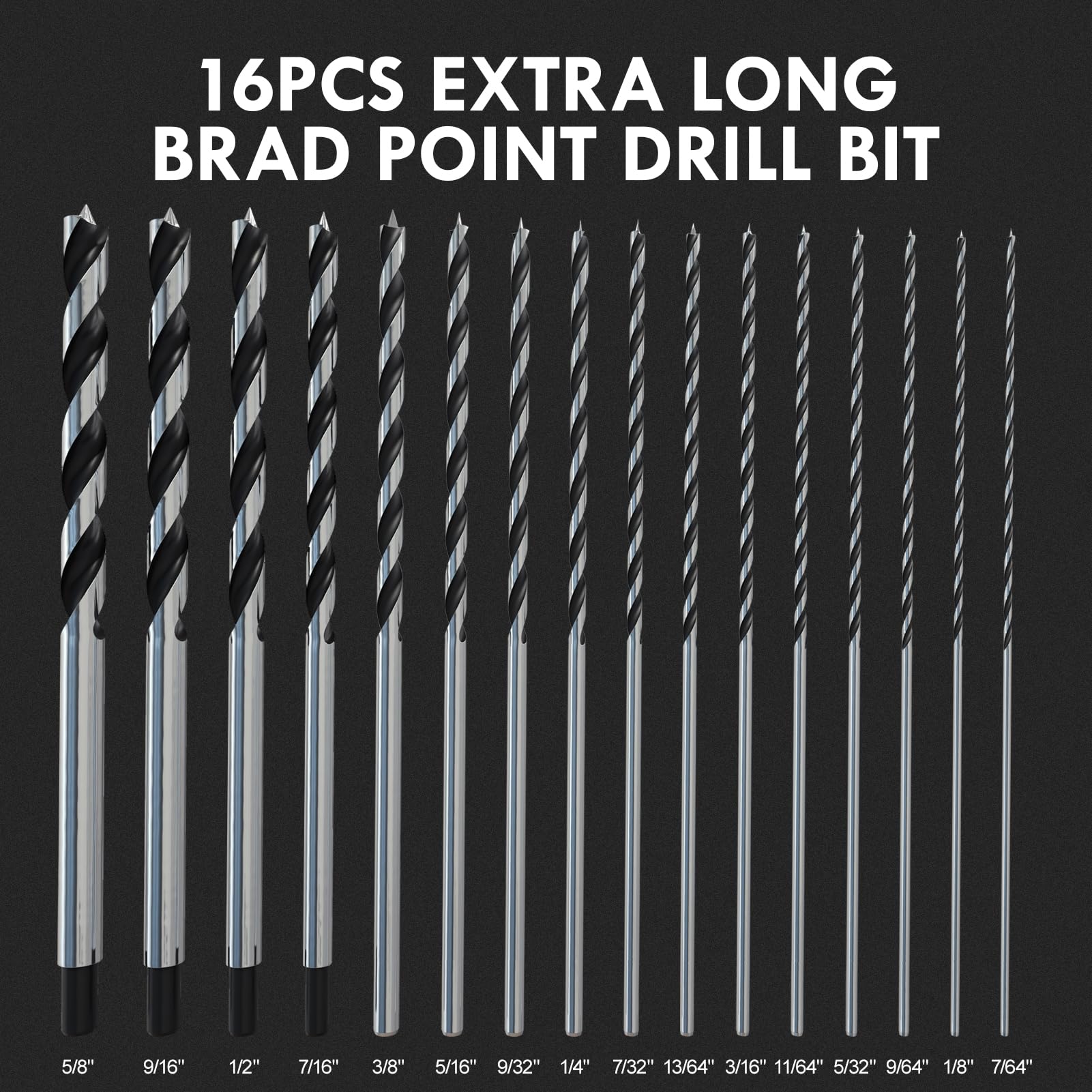 16pc Brad Point Drill Bits - Extra Long Wood Drill Set -6