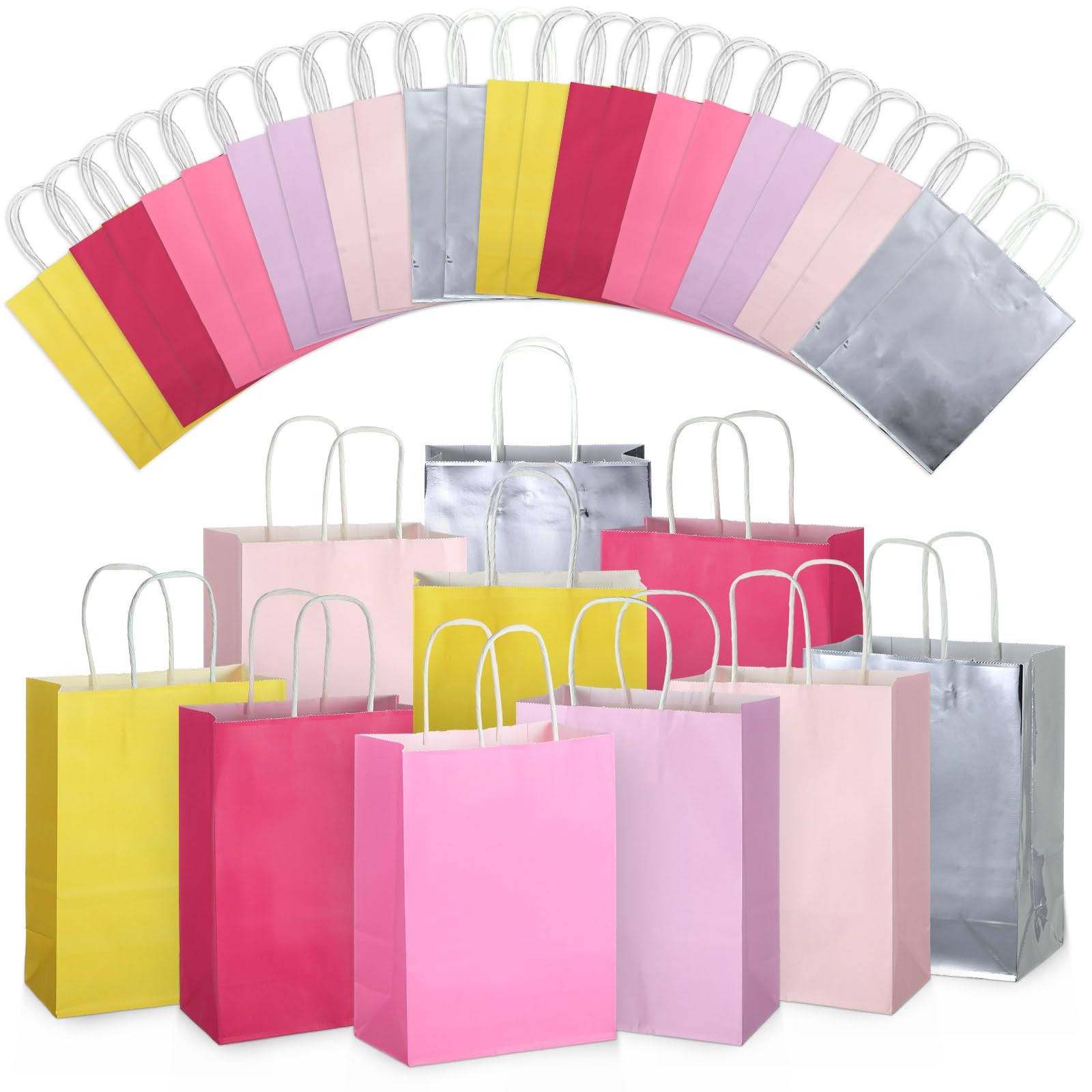 Skyygemm 32 Pcs Christmas Paper Gift Bags Bulk with Handle, 6.3 x 3.2 x 8.6 Inch Assorted Colors Kraft Goodie Gift Wrap Bags for Christmas Birthday