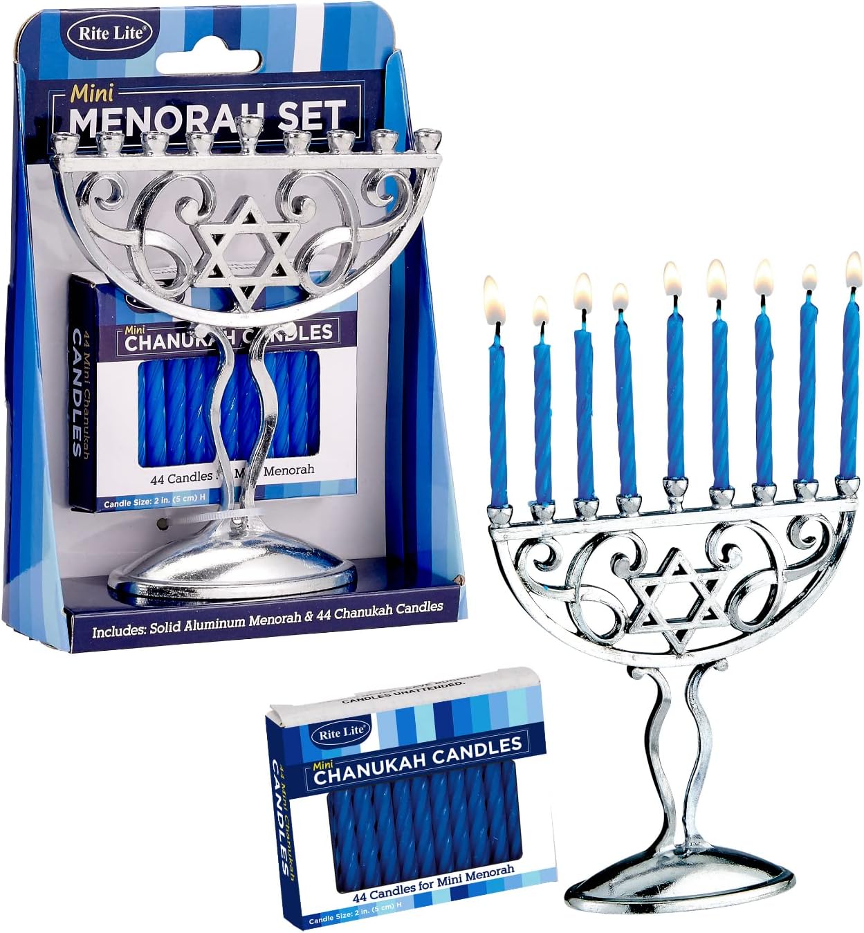 Rite Lite Silver Mini Menorah & Mini Chanukah Candles Set Blue Pack of 44 Blue
