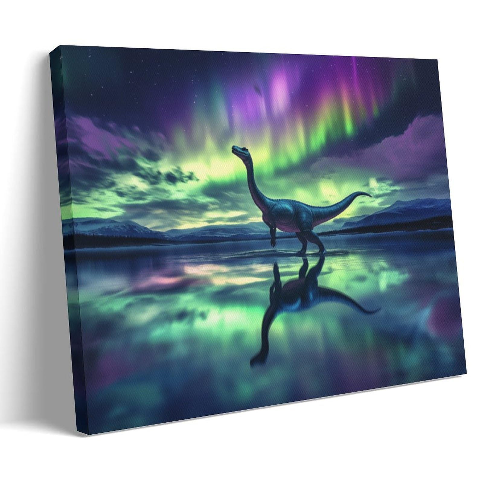 GMUKIFFY Mysterious Dinosaur Painting on Canvas Wall Art Retro Abstract Aurora Lake View Stretched And Framed Canvas Prints Artwork for Home Decorations Ready to Hang Wall Decor 16x24inch(40x60cm)