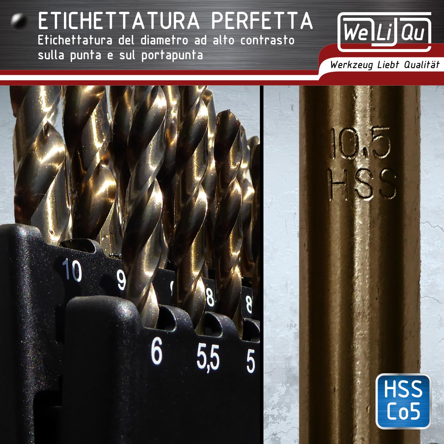 WeLiQu® Set di punte elicoidali per trapano HSS-E M35 Cobalt, 25 pezzi, passo da 1-13 mm, passo da 0,5 mm, autocentranti, DIN 338, tipo N, 135°, per acciaio fino a 1.000 N/mm², V2A CrNi Bronzo Ghisa