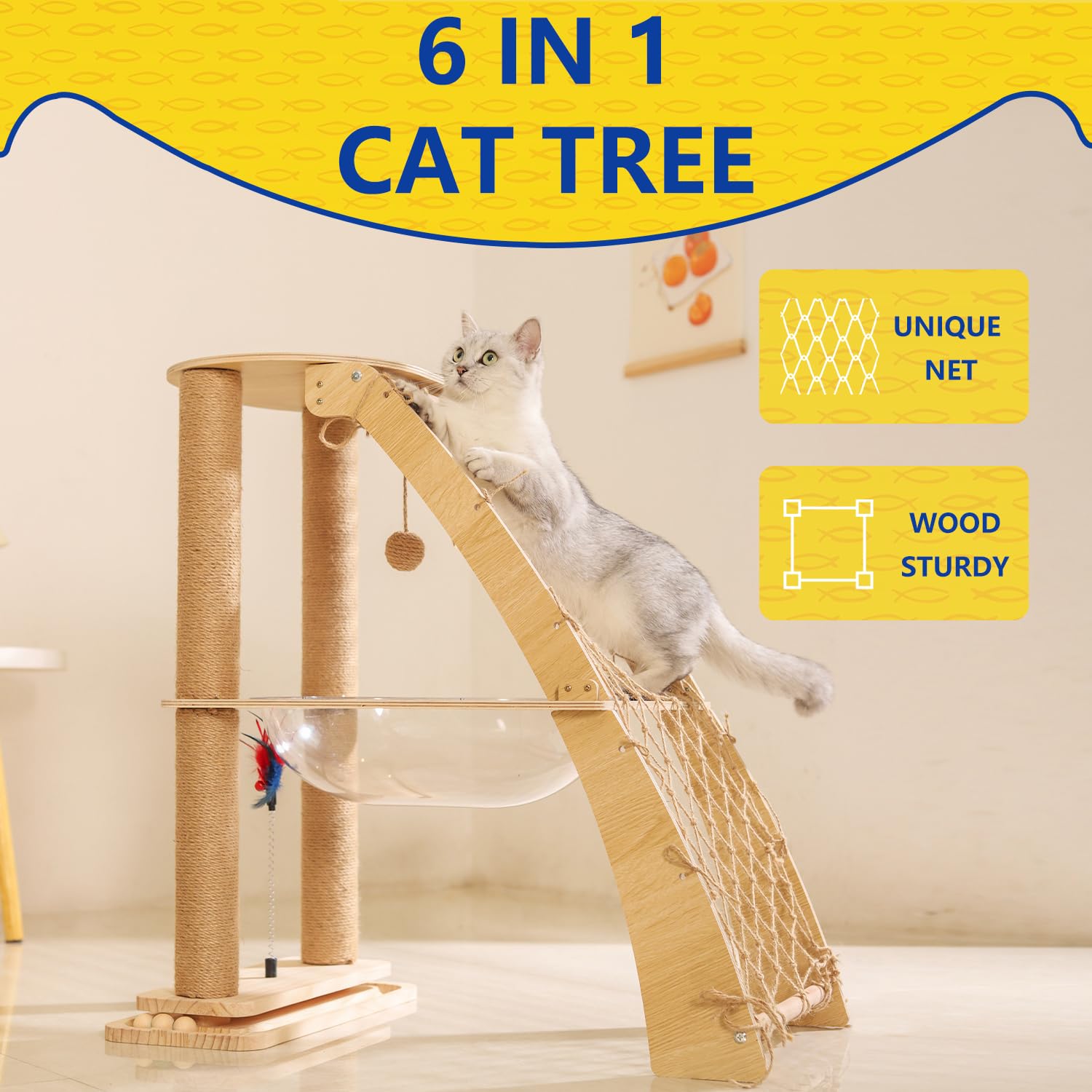 Wood Cat Tree Tower for Indoor Cats with Scratching Posts, Modern Cat Tree Cat Condo, Hammock, and Climbing Web Cat Track Toy with Spinning Balls, 15.7in Full Sisal Scratching Posts