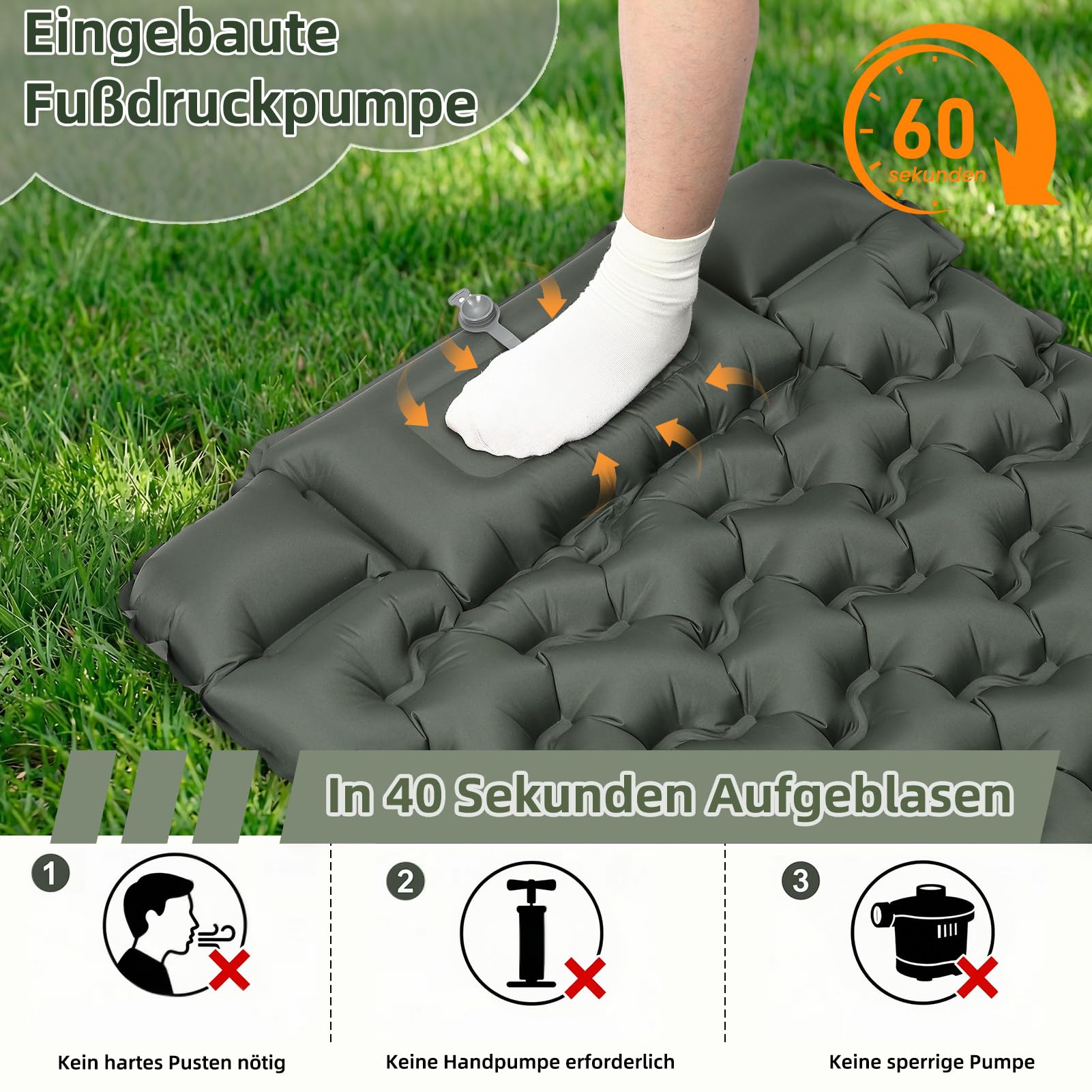 HAUSPROFI Isomatte Camping Luftmatratze extra breit, Ultraleicht, aufblasbar – mit integriertem Kissen & Fußpumpe, 196x70x9 cm, 40D TPU, kleines Packmaß für Outdoor & Reisen (Armeegrün)