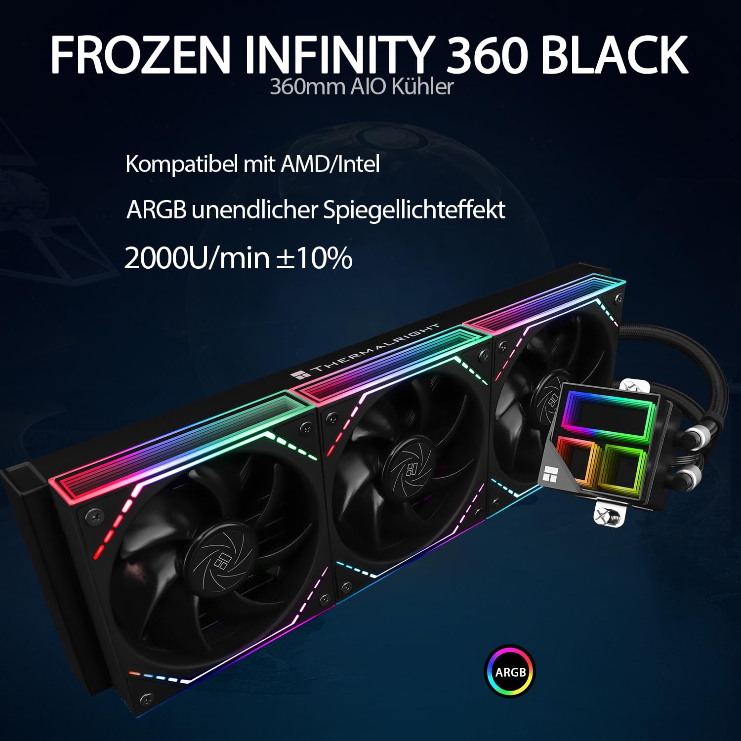 TR-Thermalright Frozen Infinity 360 Noir Refroidisseur de processeur à liquide, refroidisseur Aio 360 mm - Effet lumineux Infinity Mirror, 2000 tr/min, pour AM4/AM5, Intel LGA1851/1700/115x
