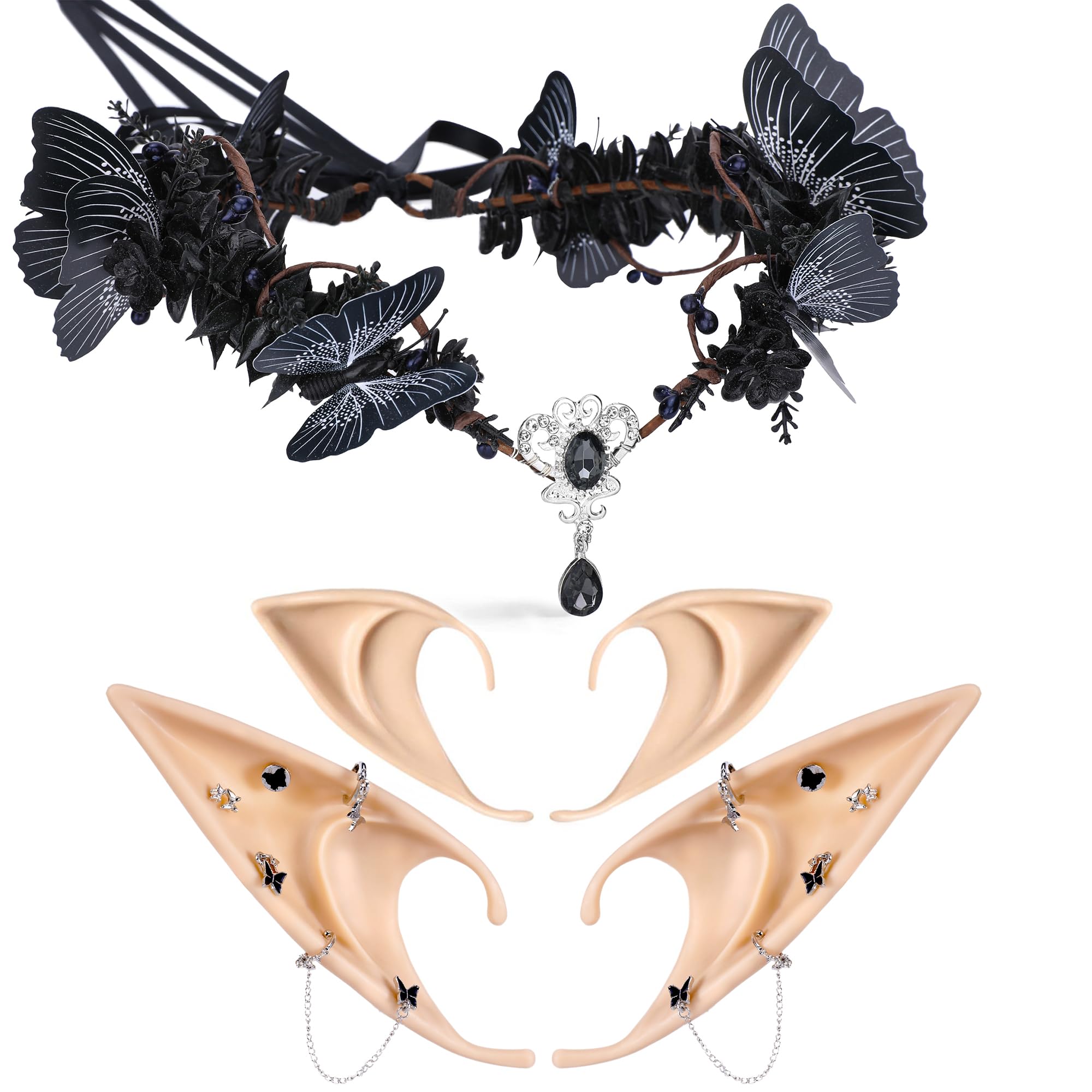 MOSTORY Gothic - Set di orecchie da elfo traforate per costumi di carnevale, da donna, con farfalla nera, accessori rinascimentali, strega, cosplay