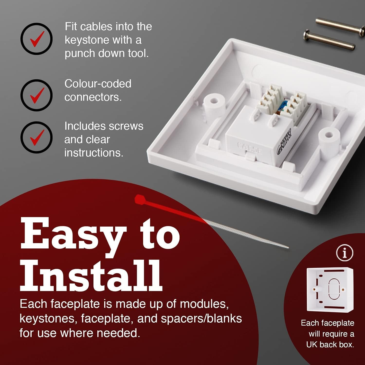 rhinocables CAT5e Ethernet Faceplate, 1 Port - Image 3
