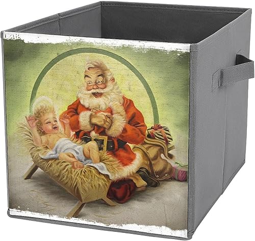 Cubos de almacenamiento de Papá Noel vintage de Navidad, cubos de tela para bebé de 11 pulgadas con asas dobles, organizadores de armario para