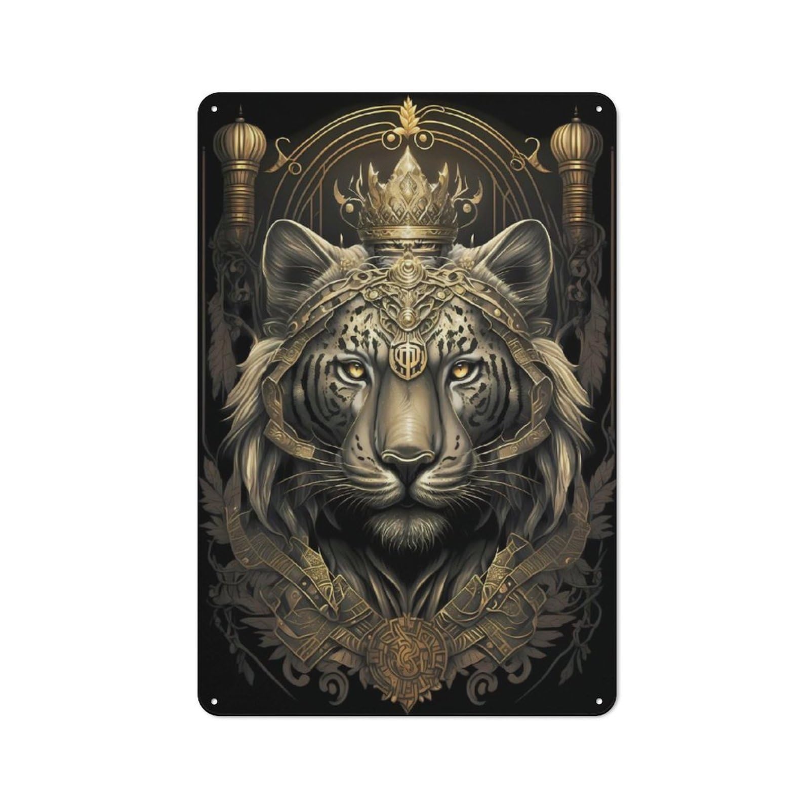 Crown Tiger King Art Deco Industrial Metal Wall Decor 30x20cm, Tin Sign for Workshop, Basement, Shed Or Games Room