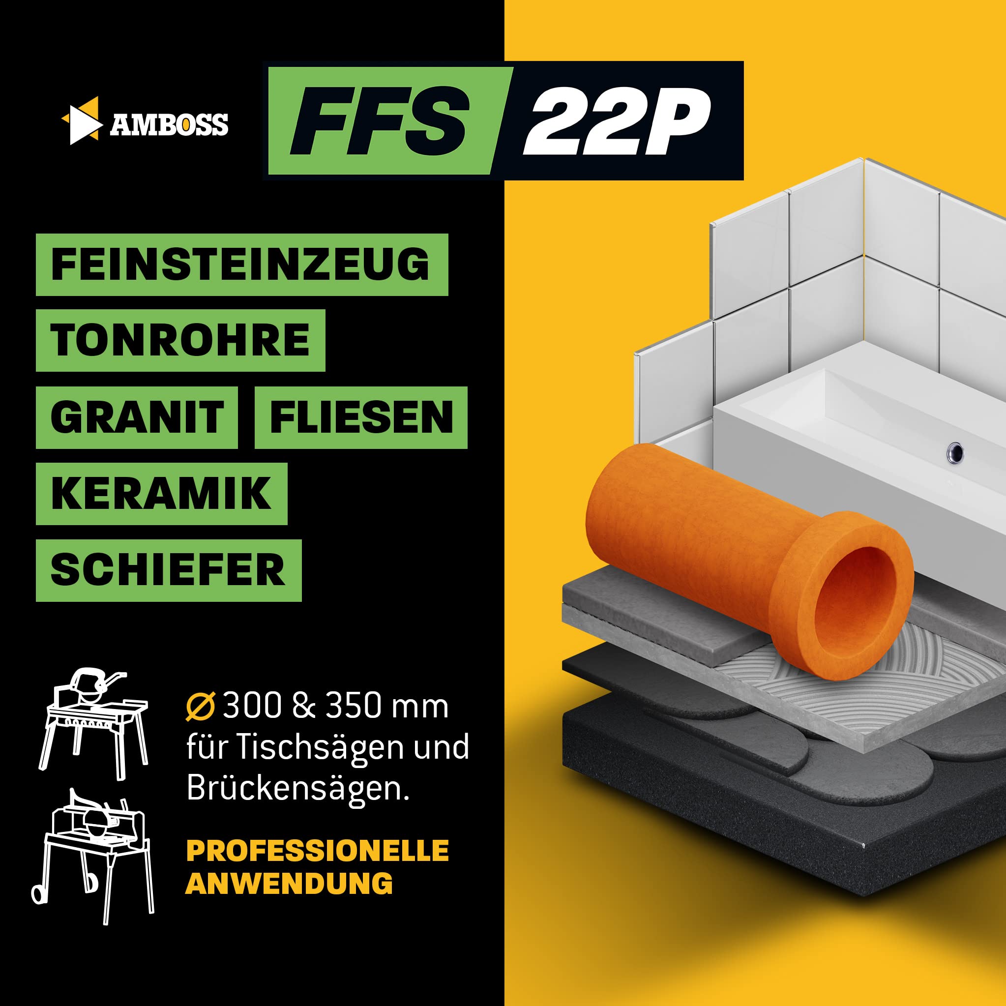 Amboss FFS 22 - Diamant-Trennscheibe Ø 350 mm x 25,4 mm - Hartes Feinsteinzeug (bis 1,2 cm) / harte Granite/Schiefer/Fliesen/Tonrohre/Fiberglas | Segmenthöhe: 10 mm