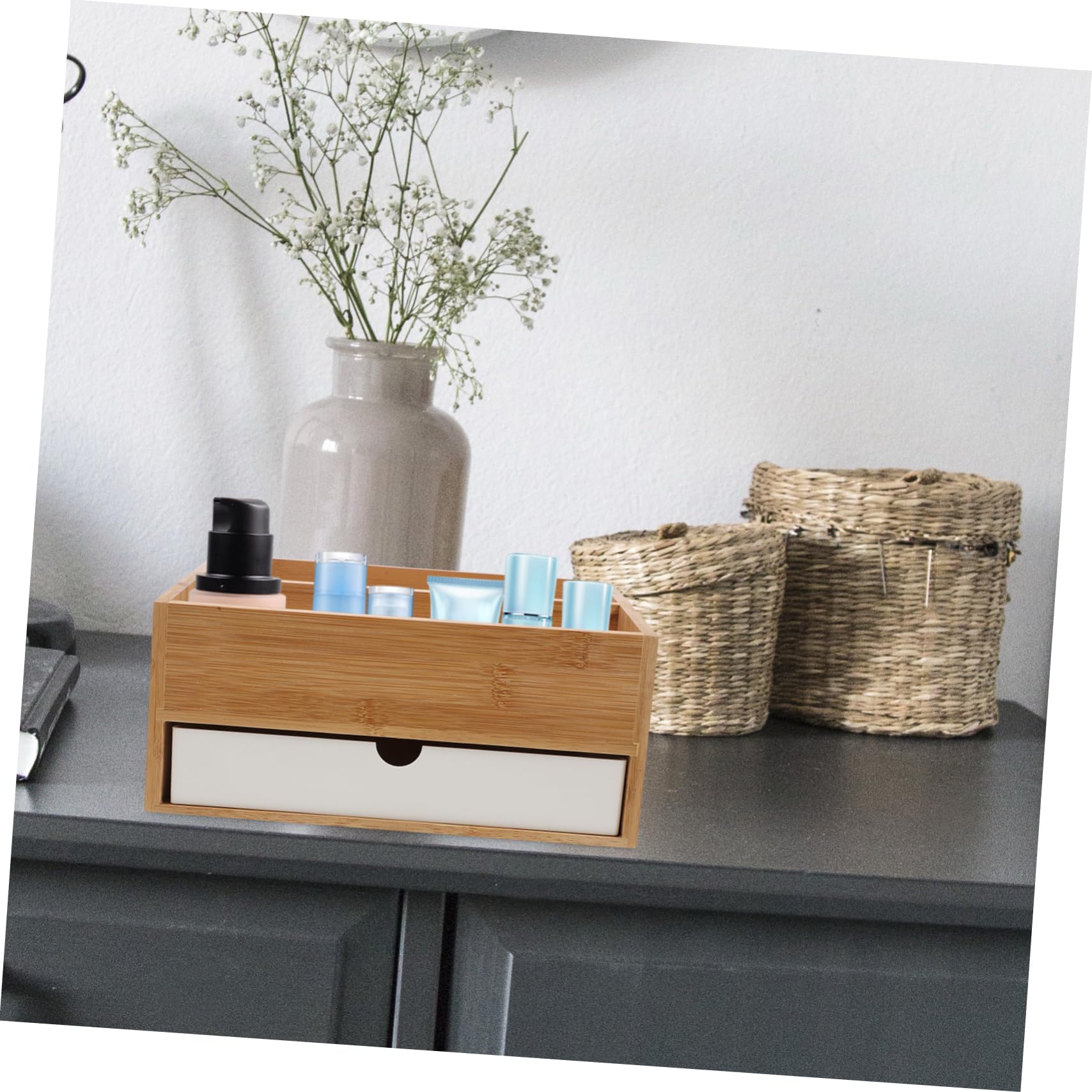 Uonlytech Organizador de escritorio cajoneras cajones de almacenamiento de maquillaje mini cajones para escritorio bandeja organizadora de cajones de oficina bambú