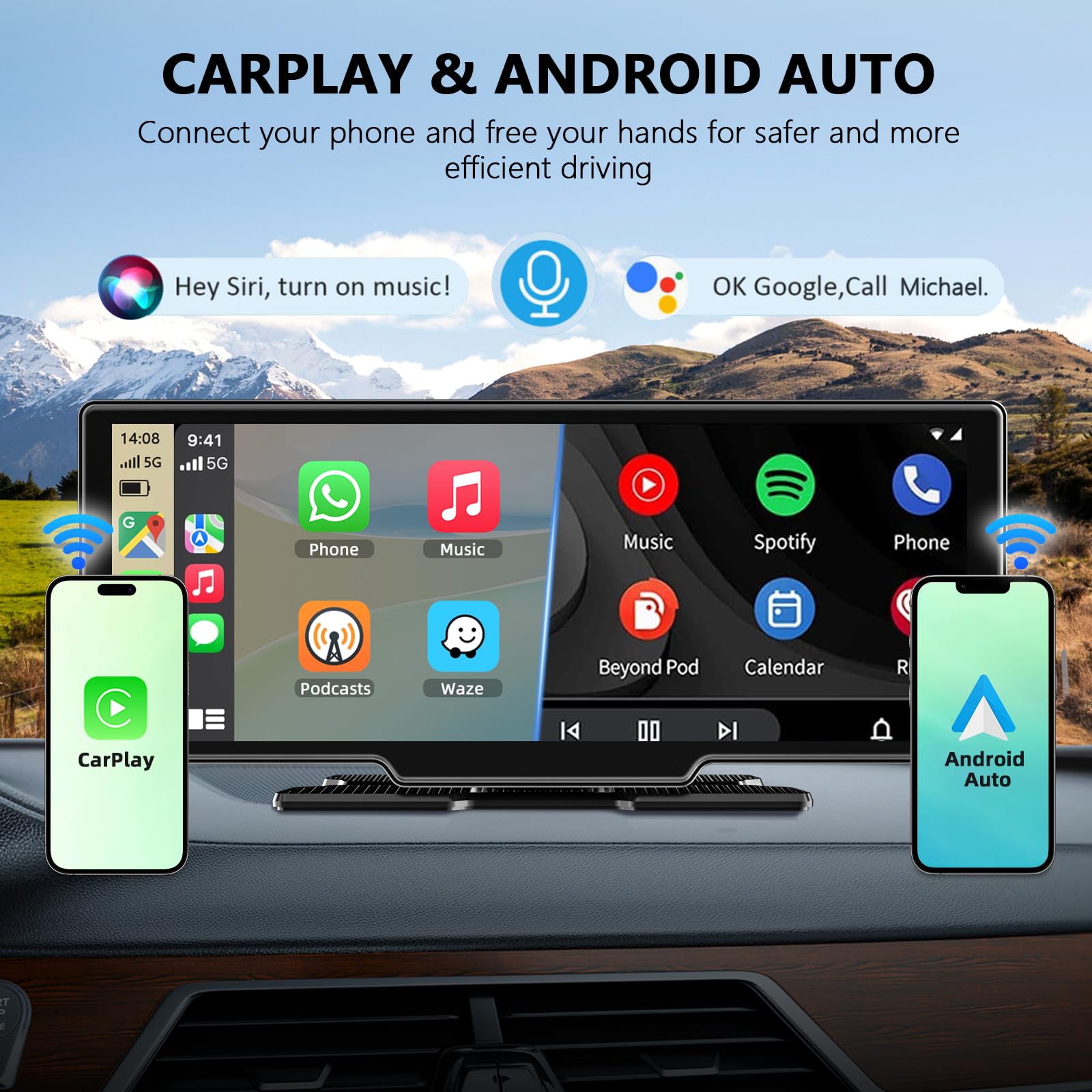 10,26 Calowy Przenośny Ekran z Bezprzewodowym CarPlay i Android Auto, Radio Samochodowe z 4K Dashcam Przednią I Tylną Kamerą 1080P HD/Bluetooth/FM/AUX/64G TF/Mirror Link/Voice Control/GPS