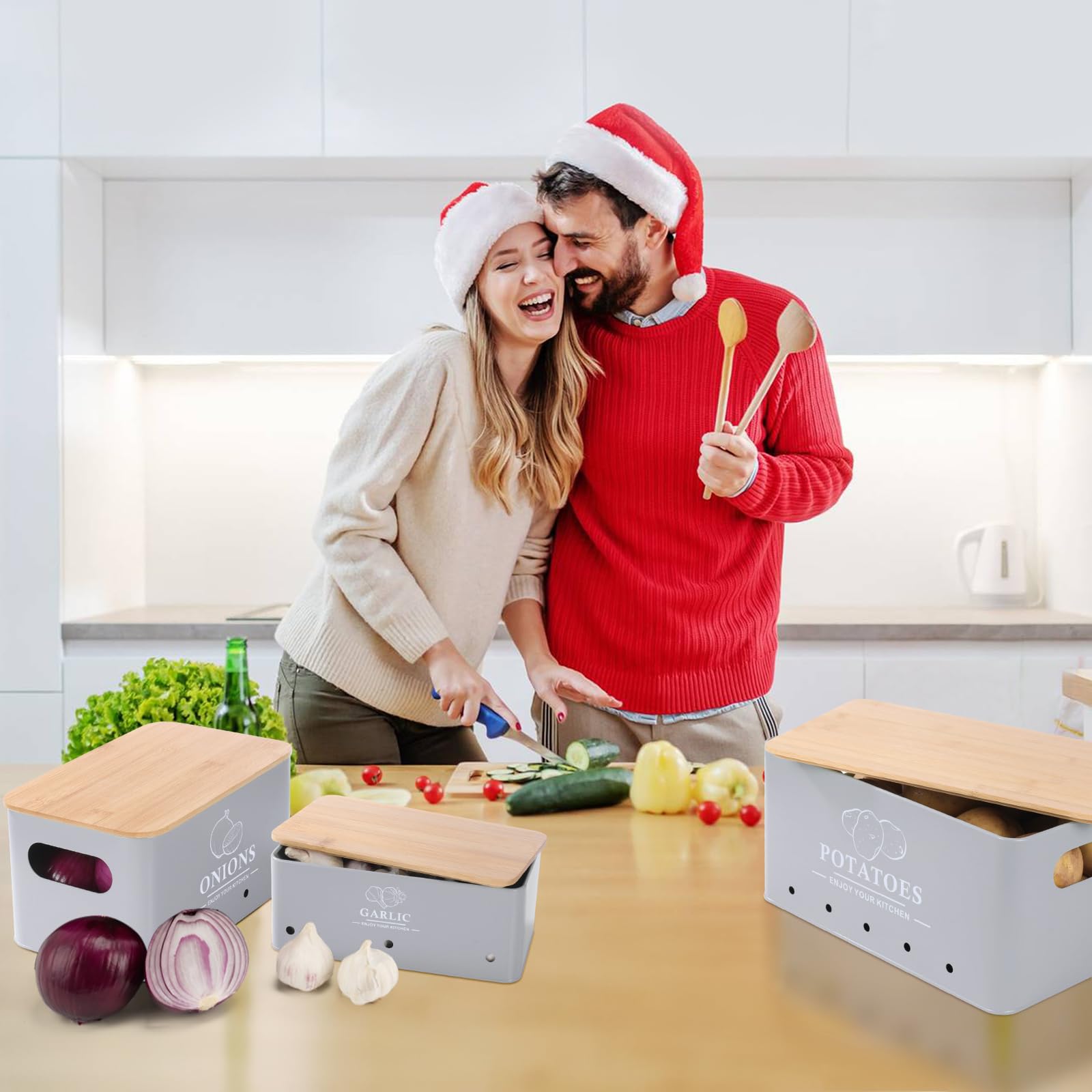 Küche Gemüse Aufbewahrung Set 3 Stück Metall Zwiebeln Knoblauch Kartoffel Aufbewahrungs-Set Küche Kanister Gemüse Behälter Behälter mit Belüftungslöchern und Holzdeckel (Grau)