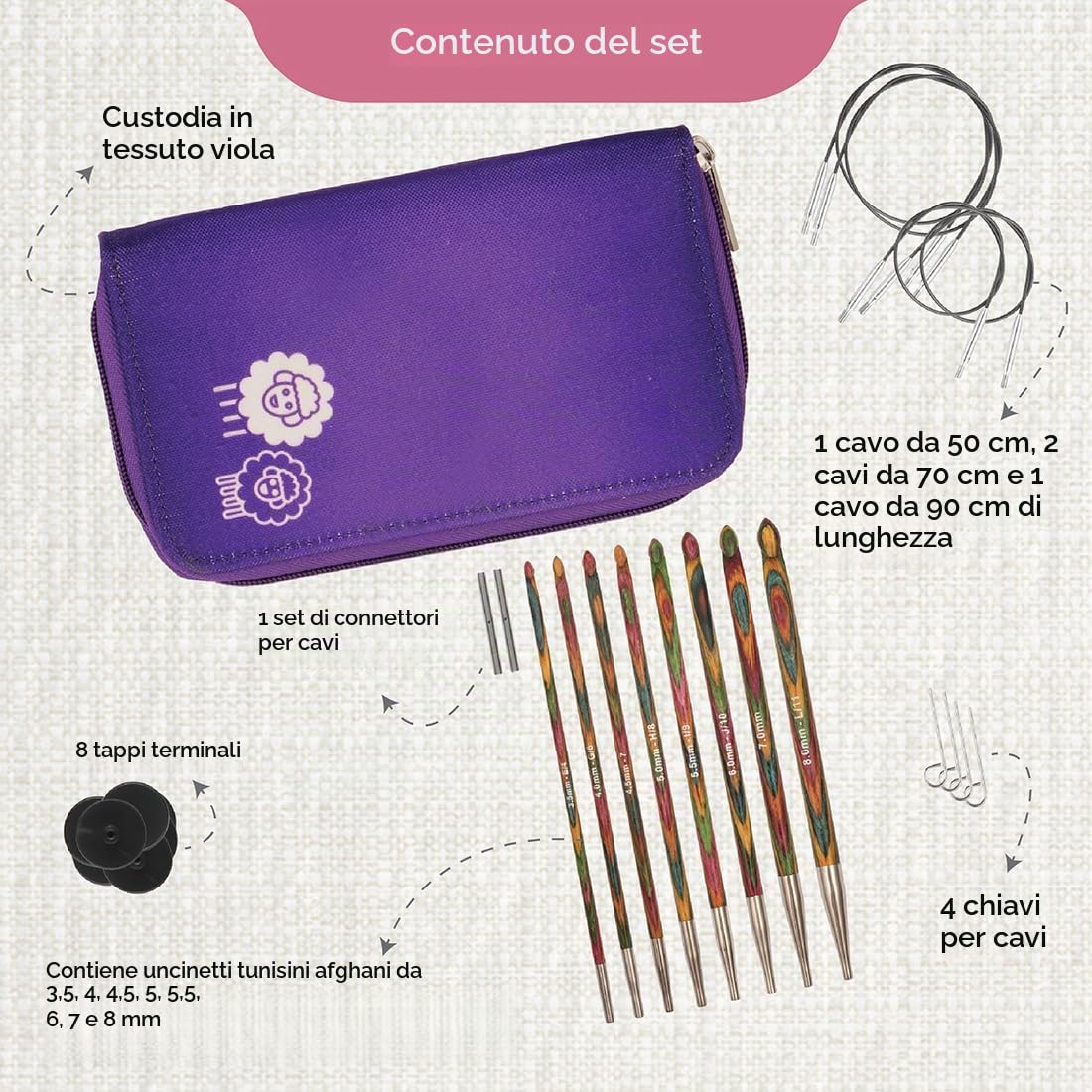 KnitPro Symfonie Set di uncinetti tunisini in legno afgano con cavi intercambiabili da 3,50, 4,00, 4,50, 5,00, 5,50, 6,00, 7,00 e 8,00 mm