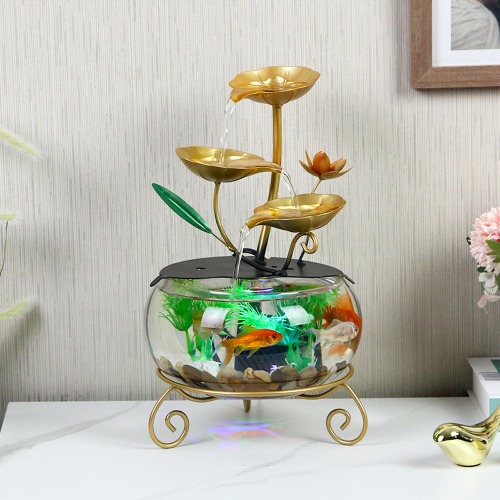 Fuente de agua de mesa con loto dorado y pecera de cristal MIXIUJIEN