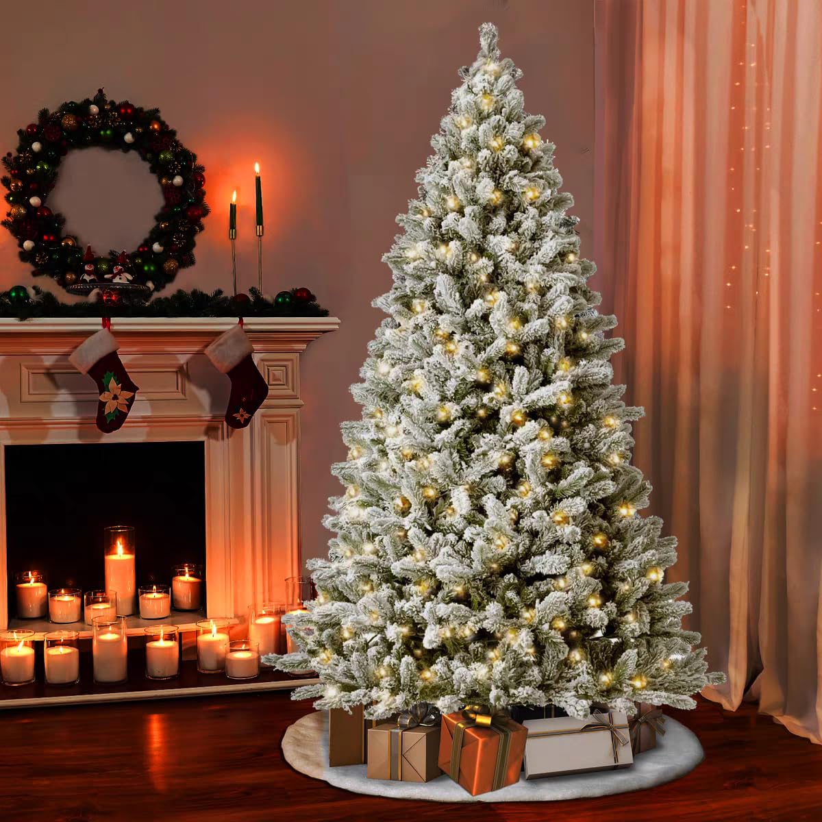 Soontrans Weihnachtsbaum mit Beleuchtung Sona, Beflockt Schnee-Effekt, 2 in 1 Künstlicher Weihnachtsbaum mit Lichterketter 350 Warmweiß LED mit 8 Leuchtmodi & 800 PE-PVC Zweigen & Holzständer (H180 cm