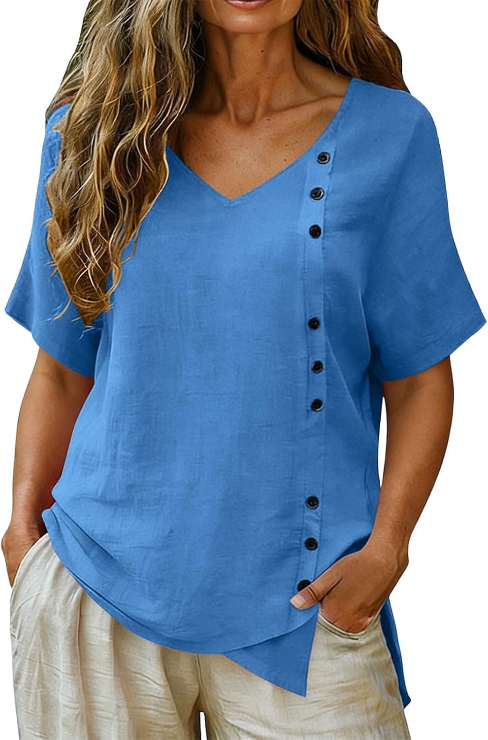 Womens Cotton Linen Tops Short Sleeve V Neck T Shirts Spring Summer Beach Vacation Clothes Casual Loose Fit Blouses
