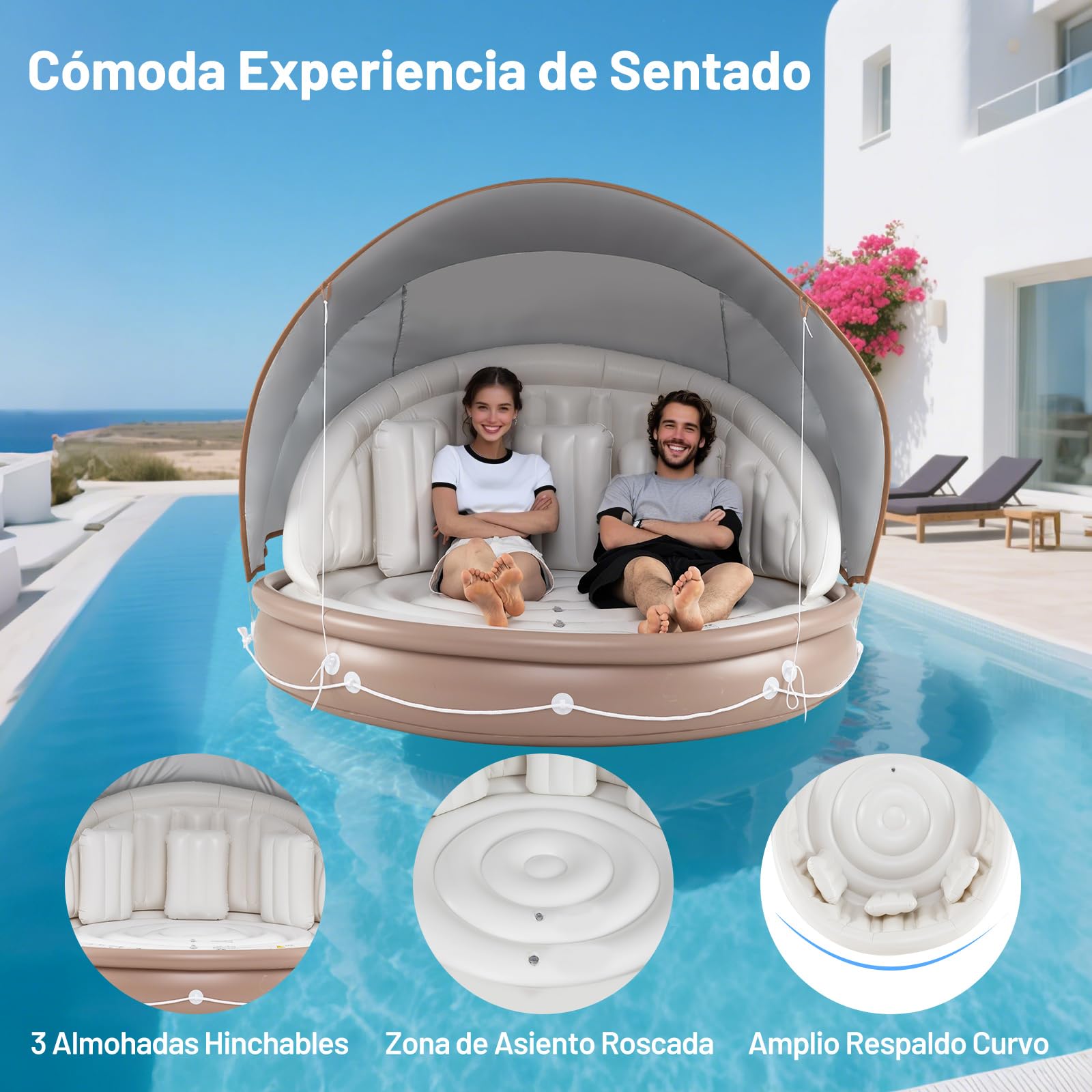 COSTWAY Isla Hinchable con Toldo para 2 Adultos, Flotador de Piscina para Bronceado con 3 Almohadas Hinchables, Dosel Retráctil y Removible, de Interior y Exterior Capacidad de Carga de 180 kg