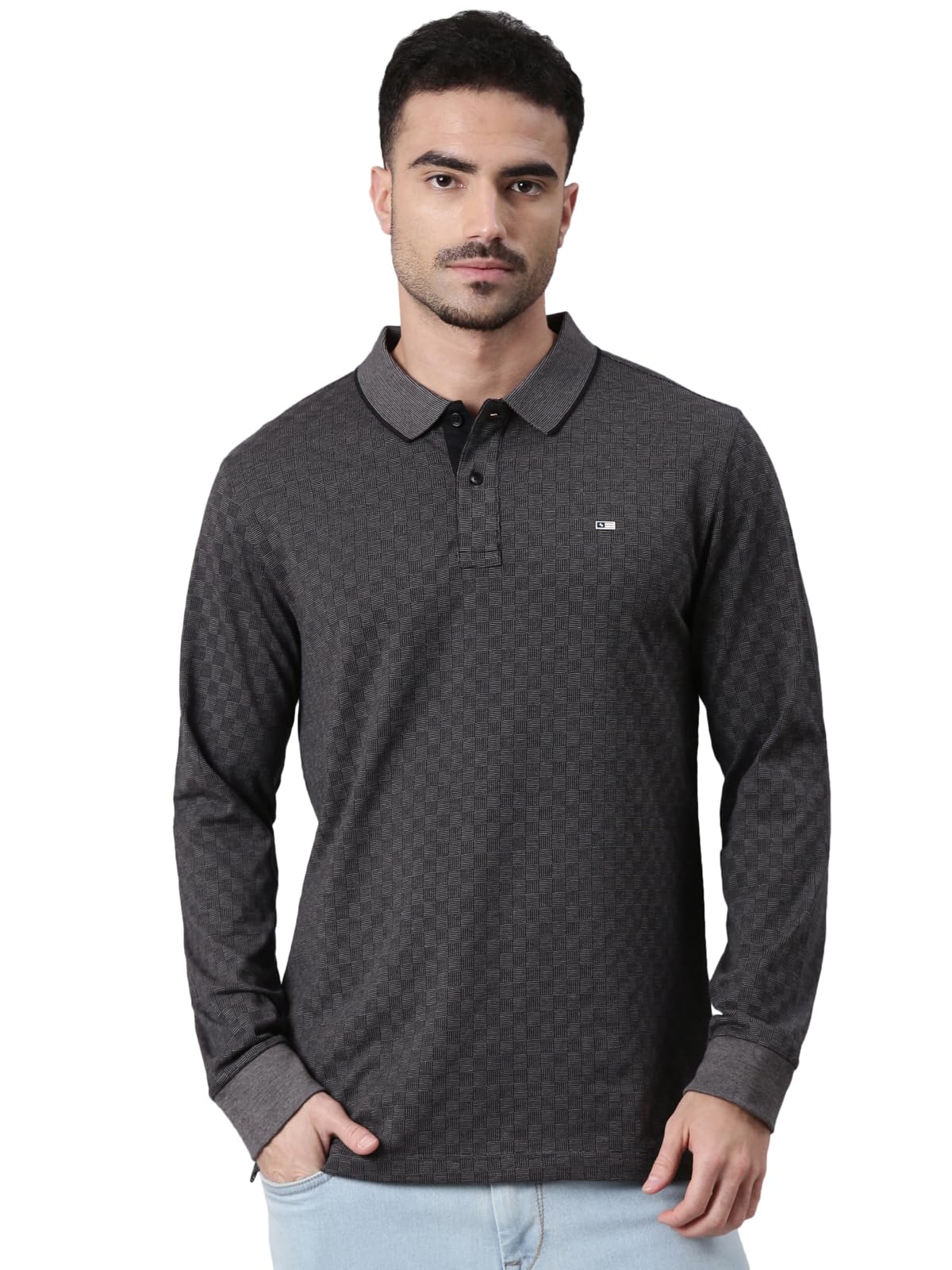 classic polo Men's Full Sleeve Dark Grey/Black Polo Neck Slim Fit All-Over Print Cotton T-Shirt-picture-21