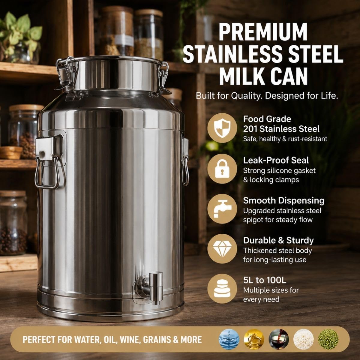 5L 22L 48L 100L Bidone Latte Acciaio Inox, Distributore Bevande Rubinetto | Secchio Ermetico per Trasporto, Contenitore Olio e Acqua, Fusto Vino per Cucina o Campeggio(With Spigot,14L)