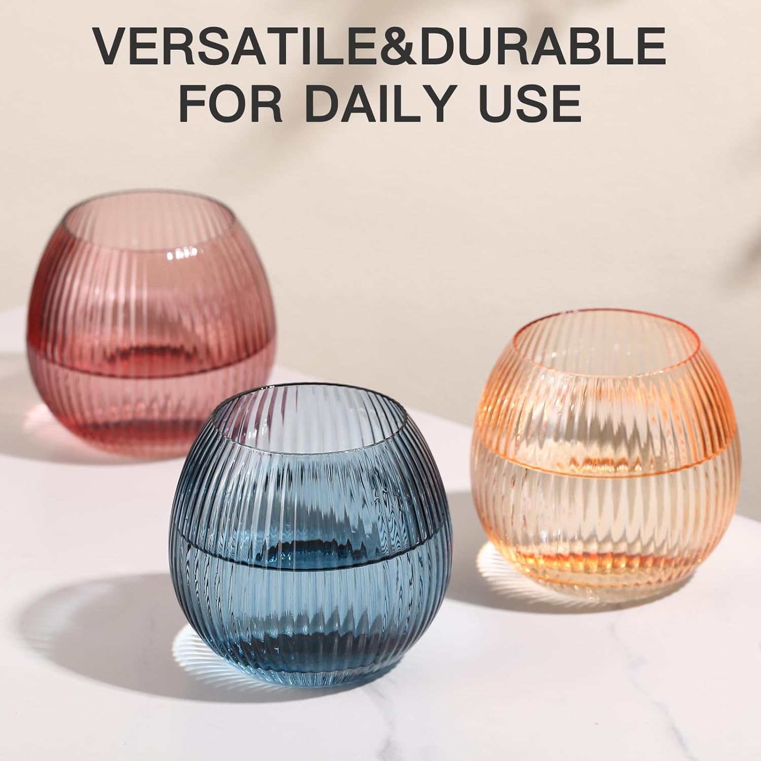 Colored Ribbed Drinking Glasses Set of 6-10.8 OZ Stemless Wine Champagne Whiskey Cocktail Glass, Reusable Wine Cups for Home Party Wedding Bar