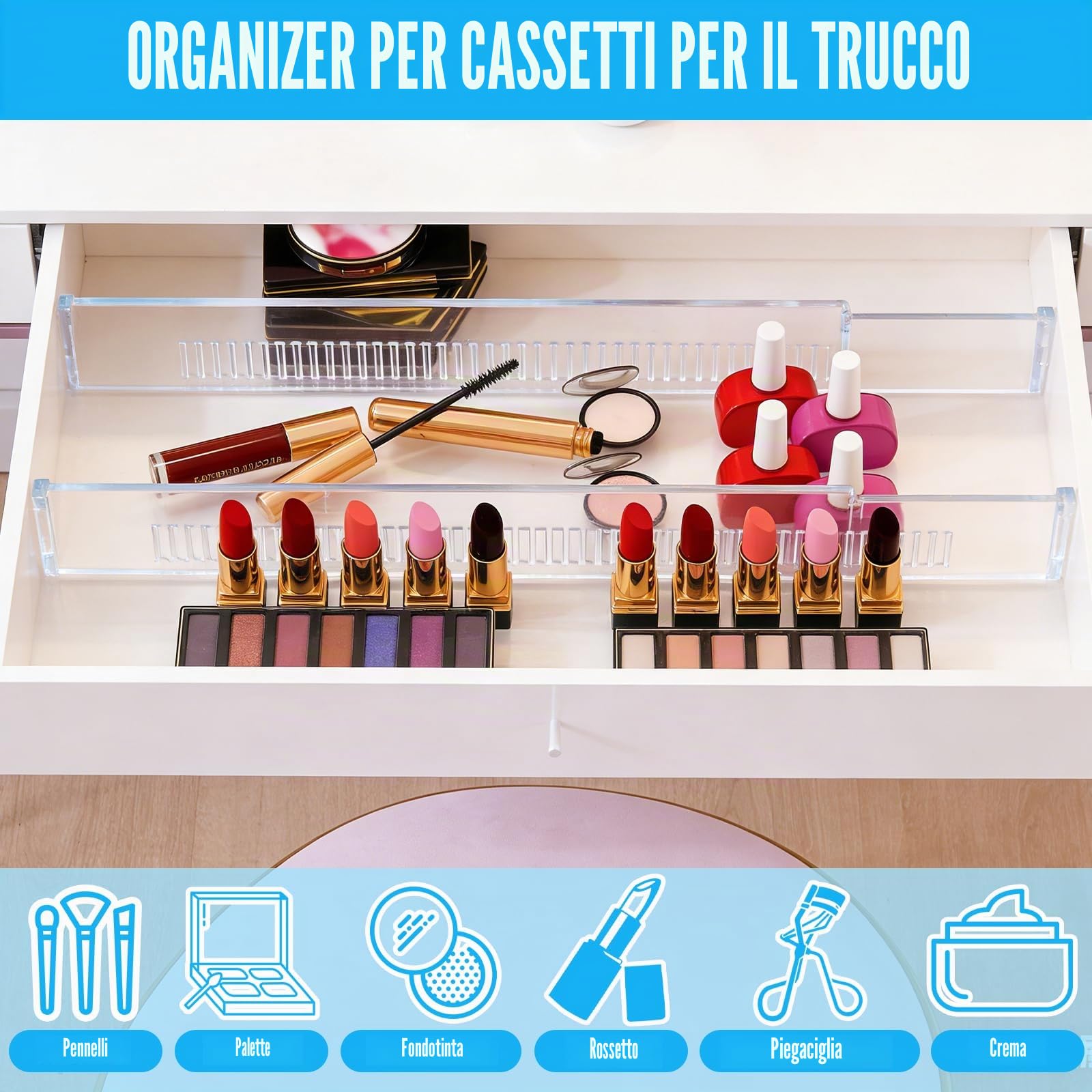 8 Pezzi Divisori per Cassetti Regolabili, Cassetti in Trasparente Separatori, Regolabile Da 28,7 a 50,5 cm, Divisori per Cassetti in Plastica per Bagno,Comò, Cucina O Trucco Conservazione