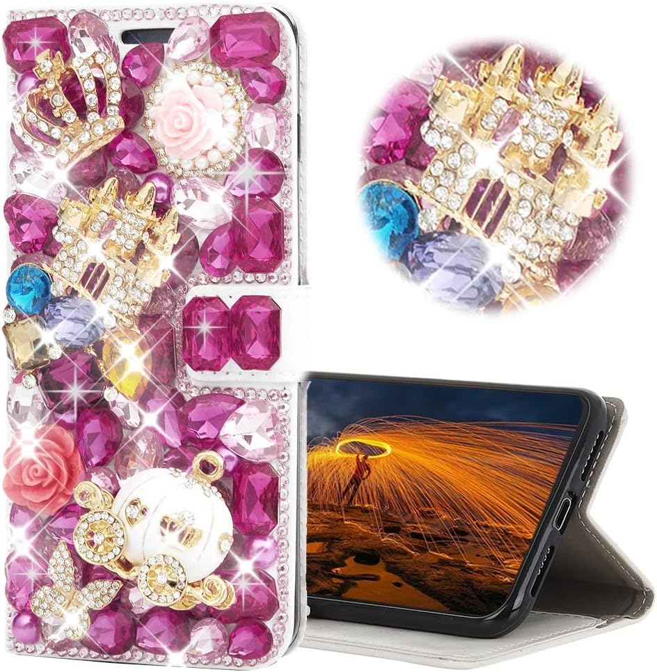 Glitter Wallet Case Compatible with Google Pixel 7 Pro - 3D Luxury Girls Women Shiny Bling Handcrafted Leather Cover with Screen Protector (2 Pack) - Hot Pink Castle Pumpkin Car Crown