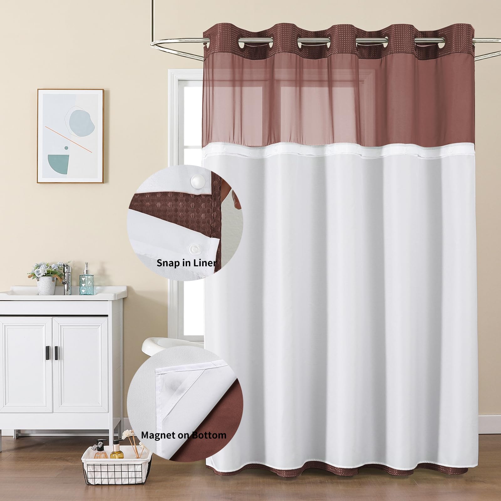 Cortina Ducha Tela Marrón Gibelle - Impermeable Lavable 72x72 Pulgadas - Forro Baño