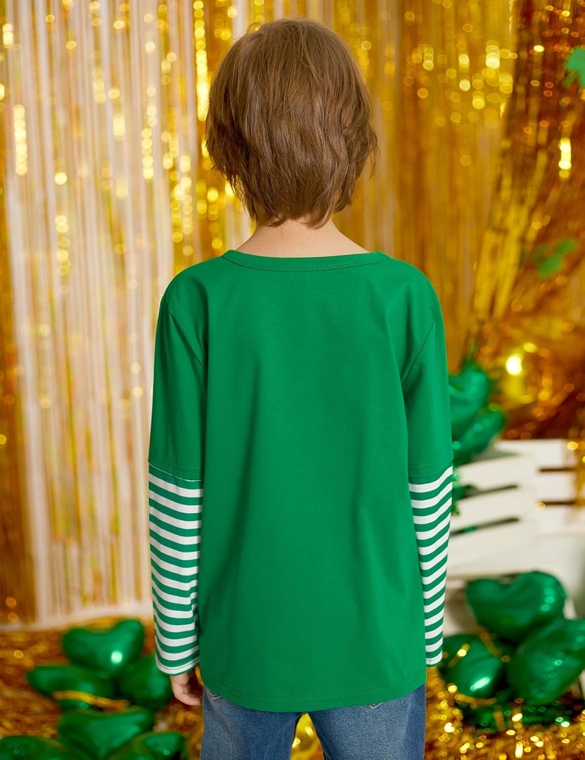Unisex Kid's St Patrick's Day Shamrock Top Striped Patchwork Irish Clover Long Sleeve Shirt 4-14 Years - Image 6