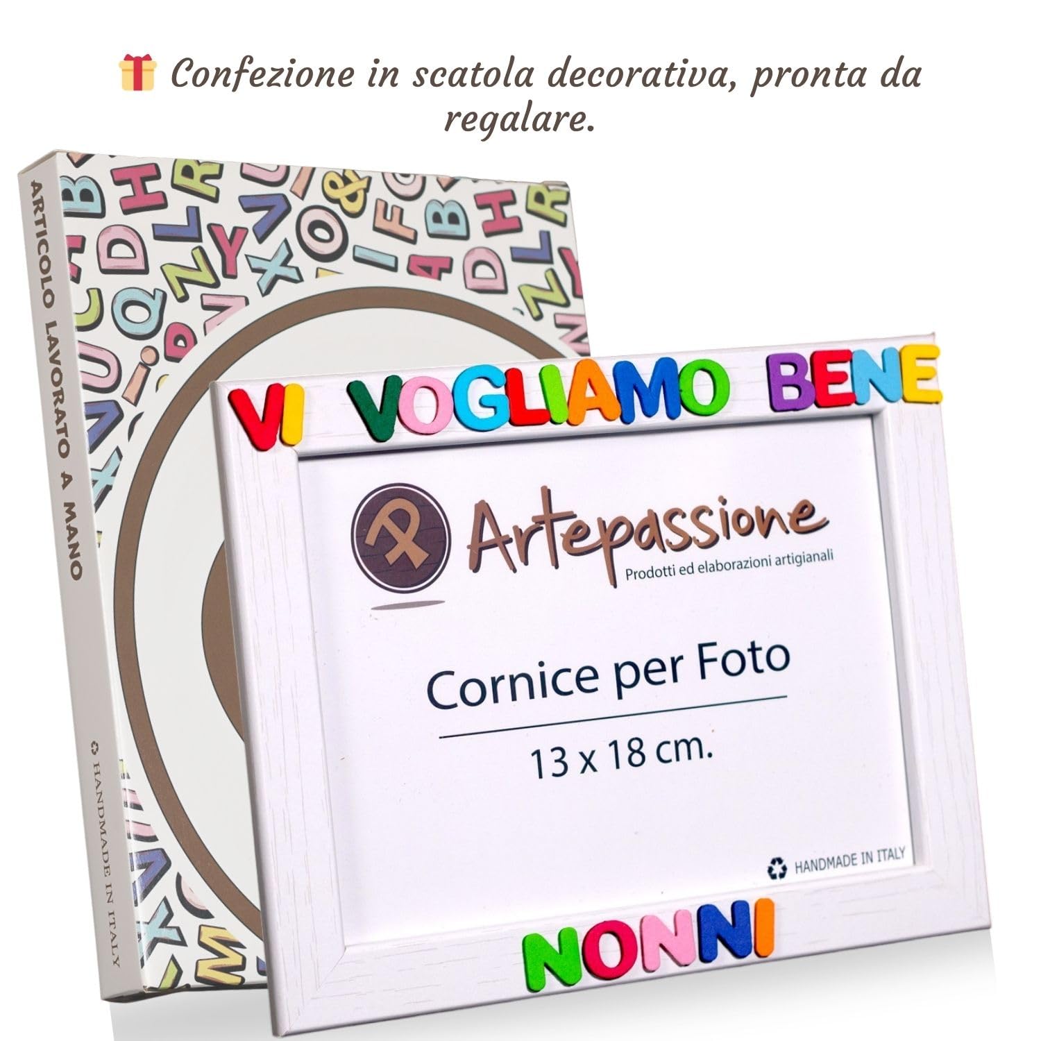 Regalo Nonni - Cornice Foto 13x18 Bianca in Legno con Scritta Vi Vogliamo Bene Nonni - Idea Regalo Compleanno Nonno e Nonna - Portafoto da Appoggiare o Appendere