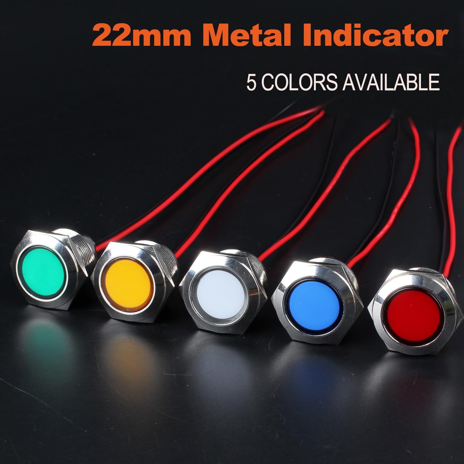 2PCS 22mm Metal Indicator Light Mounting Hole 7/8", 12-24V AC/DC 20mA Waterproof IP67 Single lamp LED Pilot Lamp Flat Head with 20cm/7.87in. Wire for Car Truck Boat(Red LED)