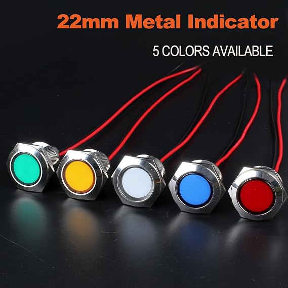 2PCS 22mm Metal Indicator Light Mounting Hole 7/8, 110-220VAC 20mA Waterproof IP67 Single lamp LED Pilot Lamp Flat Head with 20cm/7.87in. Wire for Car Truck Boat(White LED)