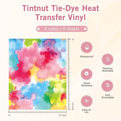 Miniatura 5 de Tintnut Vinilo de transferencia de calor de teñido anudado, 8 hojas de 10 x 12 pulgadas, vinilo termotransferible de acuarela para camisetas,