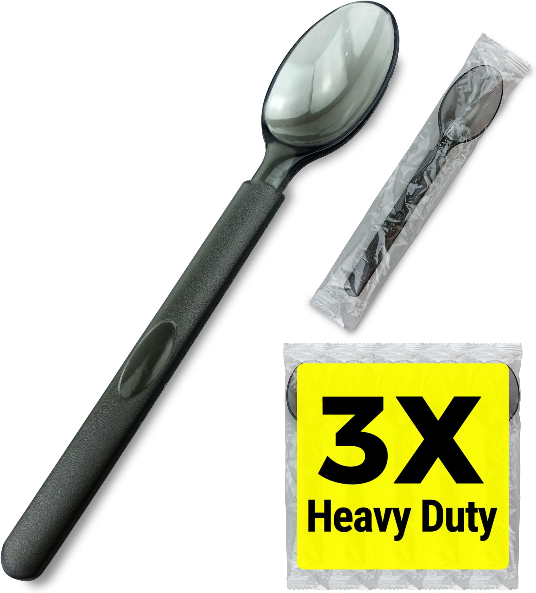 3X Heavy Duty Plastic Spoons Individually Wrapped, Sturdy Like Silverware, 100 Pack Black Disposable Spoons Bulk, Packaged To-Go Utensil Set, Perfect for Event Catering, Restaurant and Take Out.