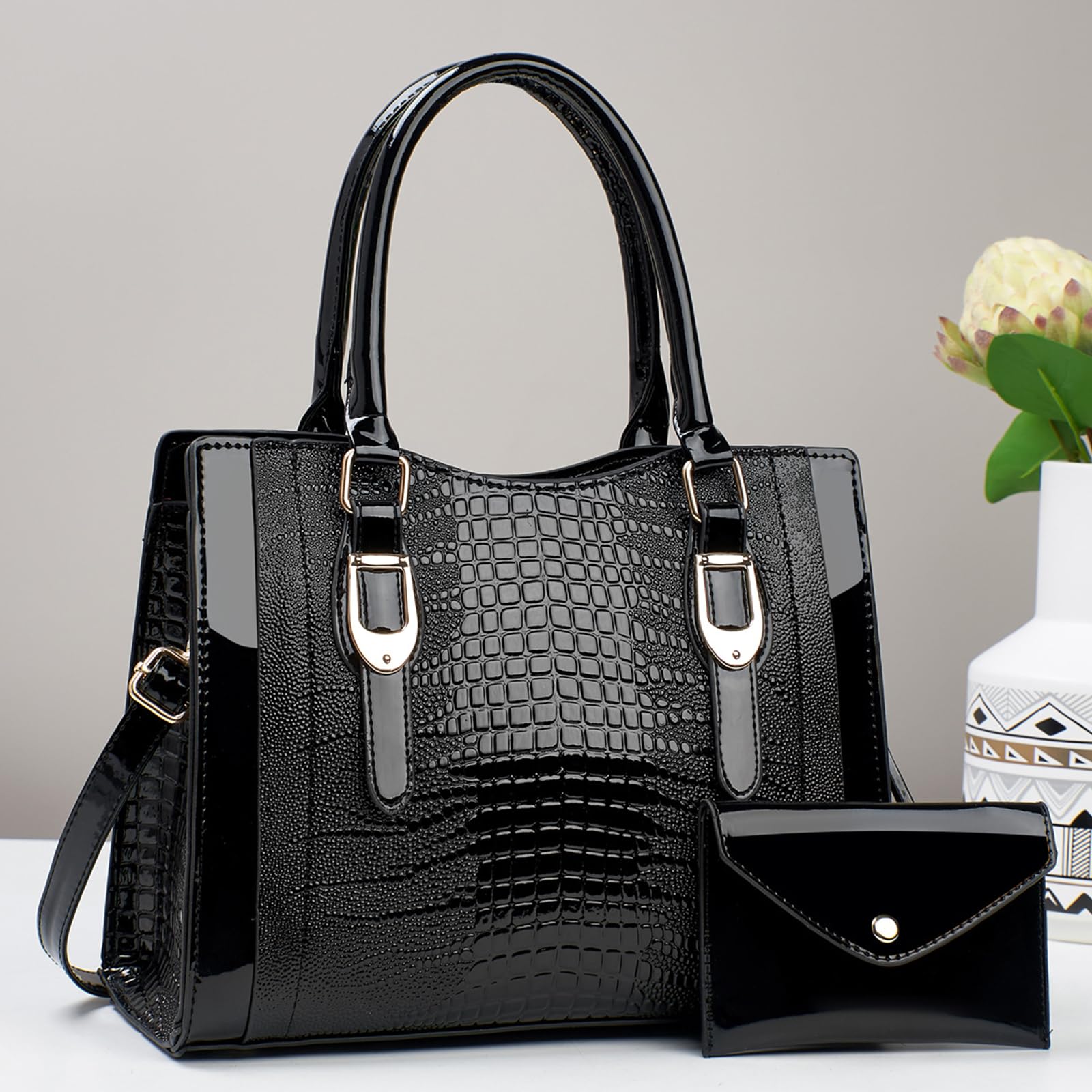 NICOLE & DORIS Sac à Main Femme Sac Fourre Tout Moyen Sac Bandoulière Cuir Verni Sac D'épaule Sac Ensemble avec Portefeuille pour Travail Shopping Voyage
