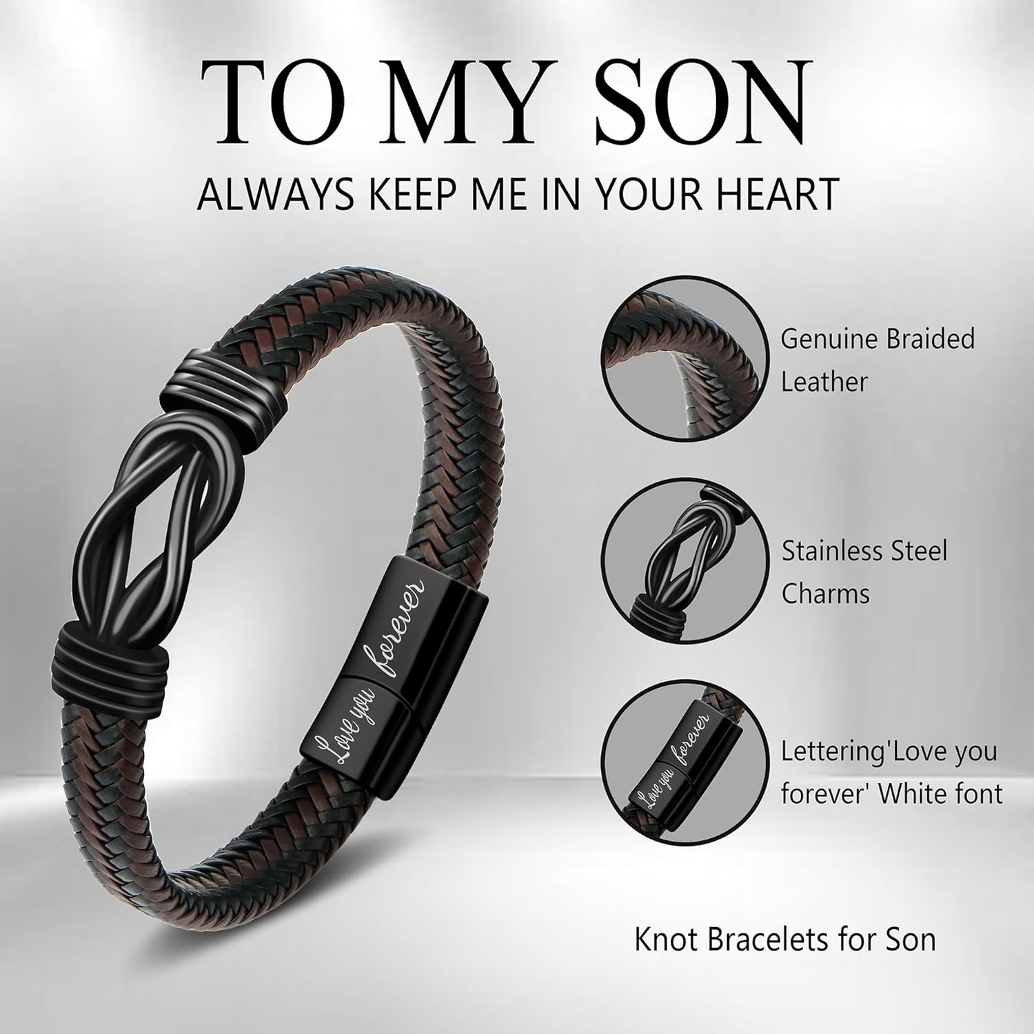 𝗞𝗻𝗼𝘁 𝗕𝗿𝗮𝗰𝗲𝗹𝗲��� 𝗚𝗶𝗳𝘁𝘀 𝗳𝗼𝗿 𝗠𝗲𝗻 Brown Braided Leather Stainless Steel Infinity Bracelets Lettering Love You Forever Gifts for Son Grandson Husband Boyfriend Brother Always Linked Together - Image 4