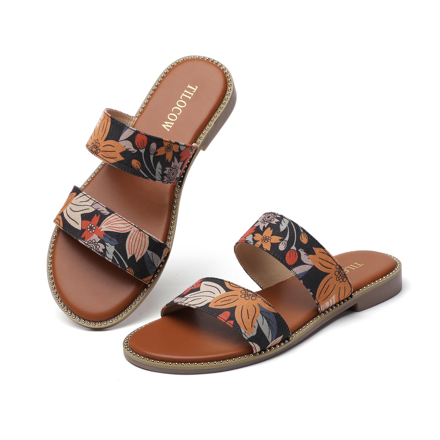 Tilocow Women's Flat Sandals with Rivets Inlaid Slip on Sandals Two Strap Casual Summer Slide Shoes