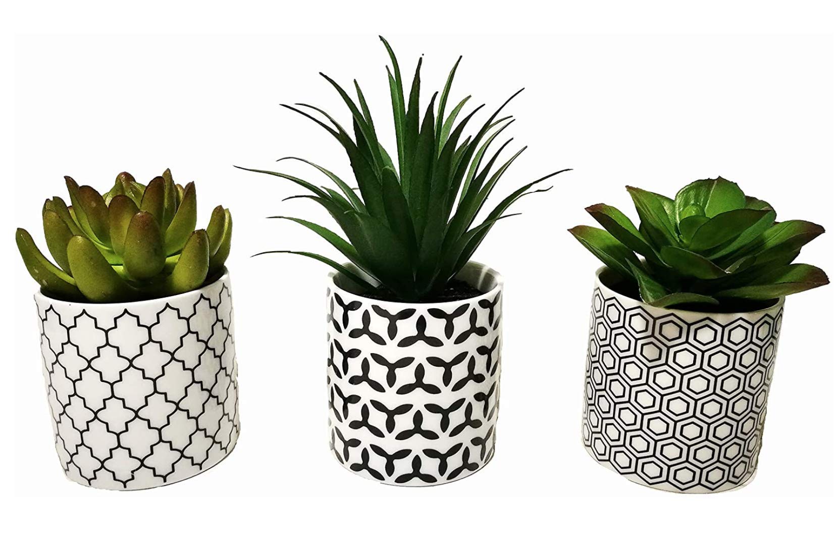 Pretty Home Potted Artificial Succulent Plants, Set of 3, Tile Pattern Porcelain Pots (small pot)
